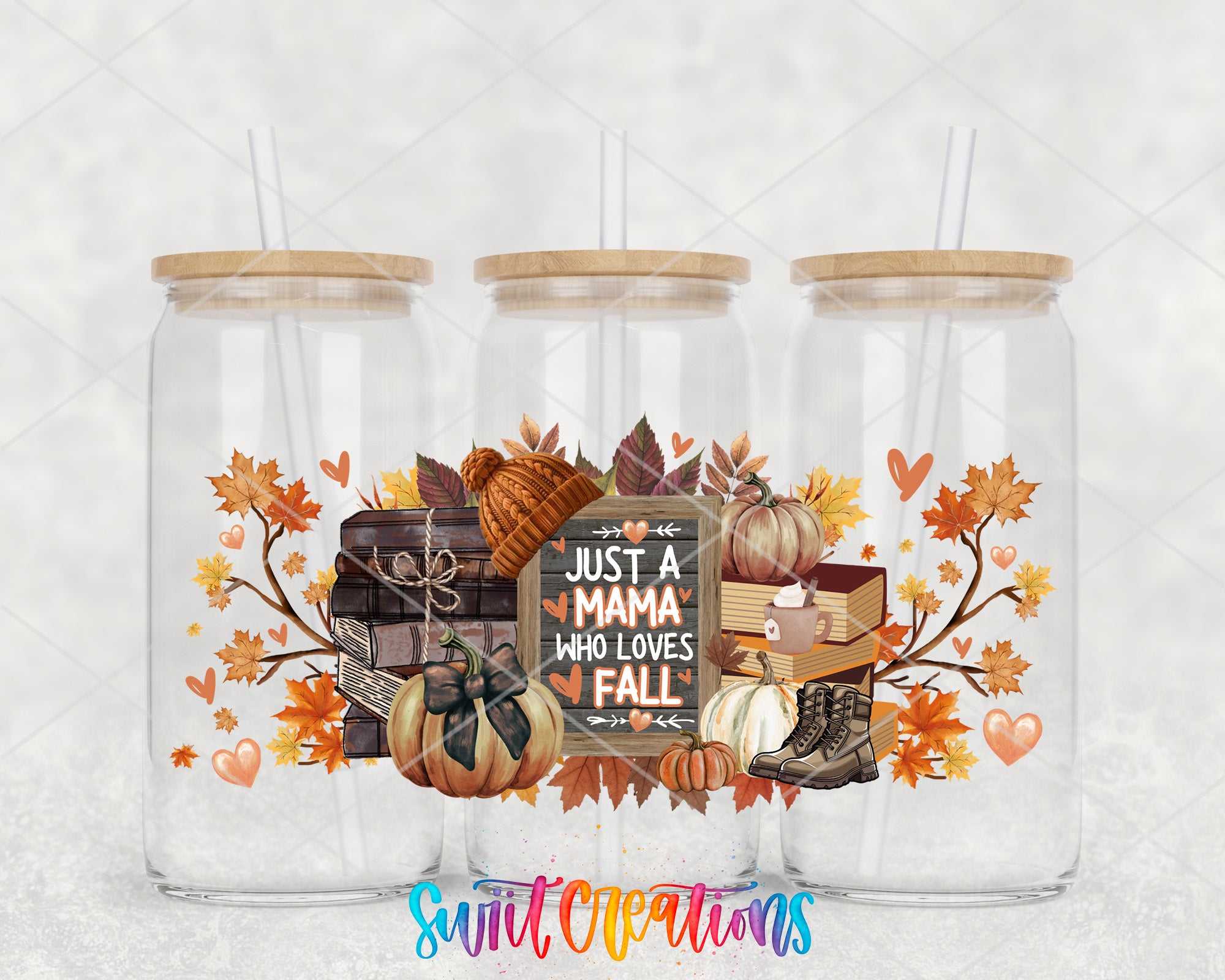 A collage of three glass jars with wooden lids, each containing a variety of autumn-themed items such as pumpkins, leaves, and a sign that reads "Just a MAMA who loves fall".
