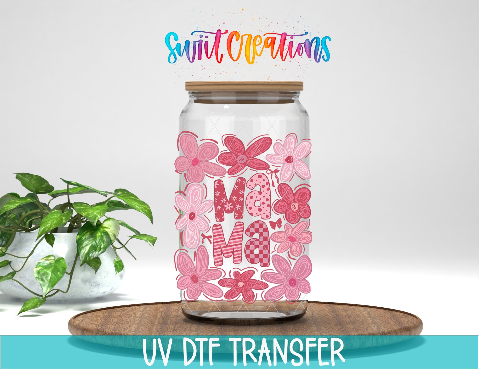 A glass jar with a floral design and the word "Mama" printed on it, placed on a wooden surface.