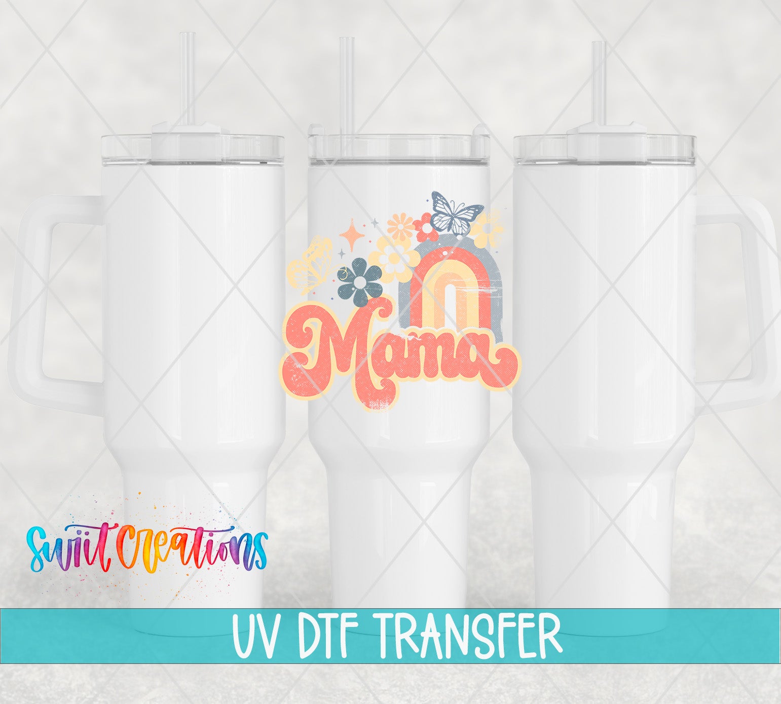 three white tumblers with colorful designs and the text "Maina" printed on them.