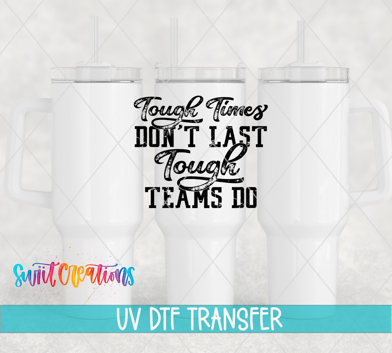 a white mug with a printed text design on it, along with a watermark that says "UV Dtf Transfer".