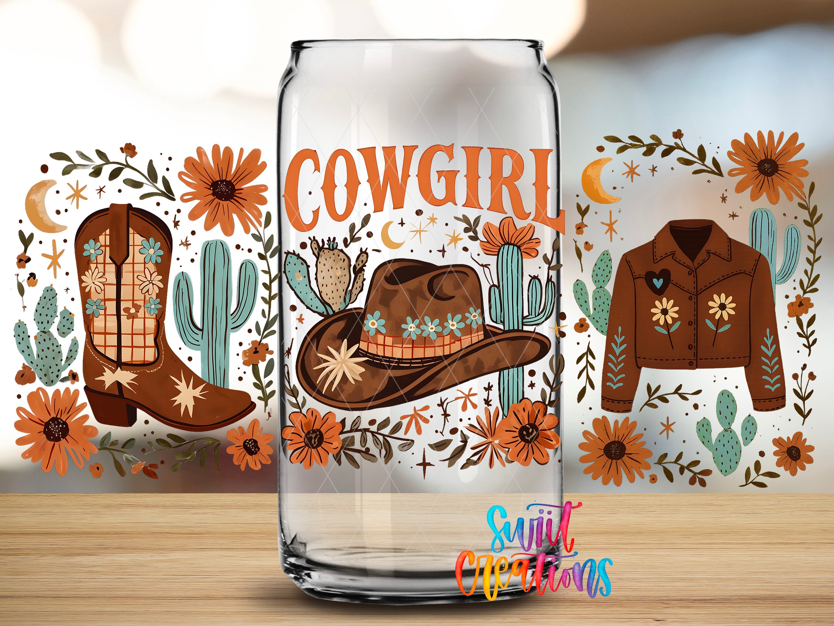 a glass can with a cowboy hat and other western-themed illustrations on it, along with a denim jacket and cactus illustrations.