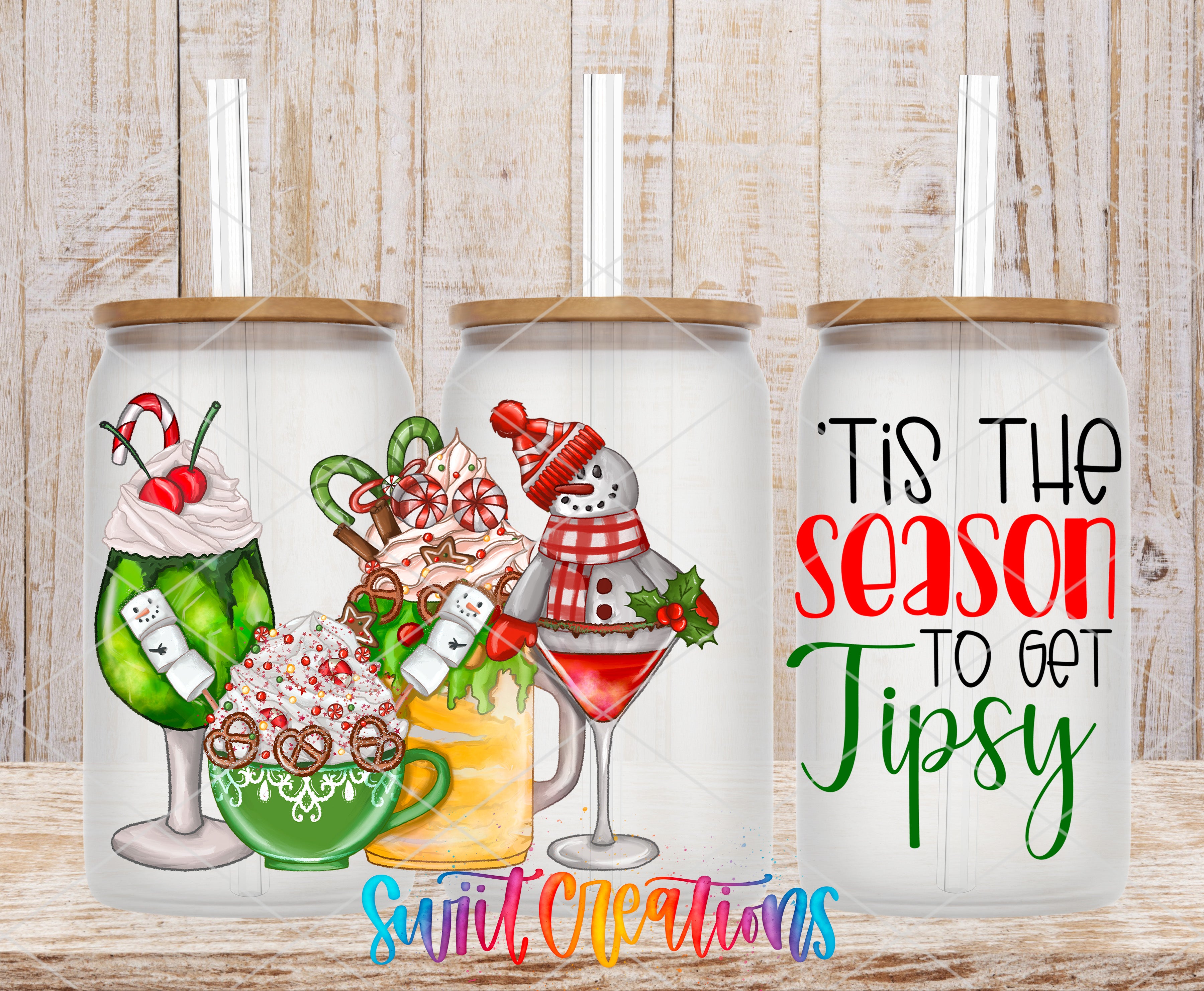 three glass tumblers with festive designs, including a snowman, a cup of hot chocolate, and a cocktail. The text on the tumblers reads "Tis the season to get Tipsy" and "Swift Creations".