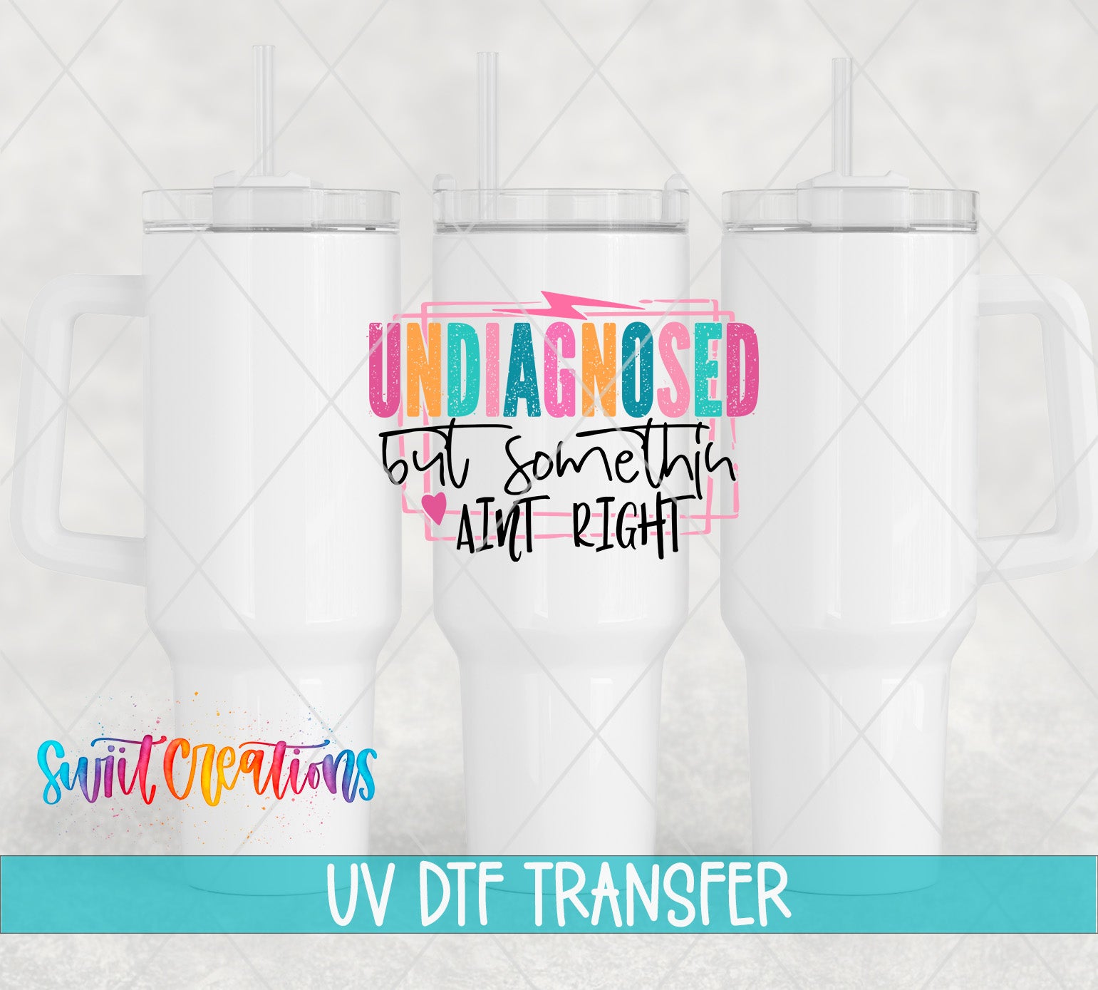 three white tumblers with colorful text and graphics printed on them.