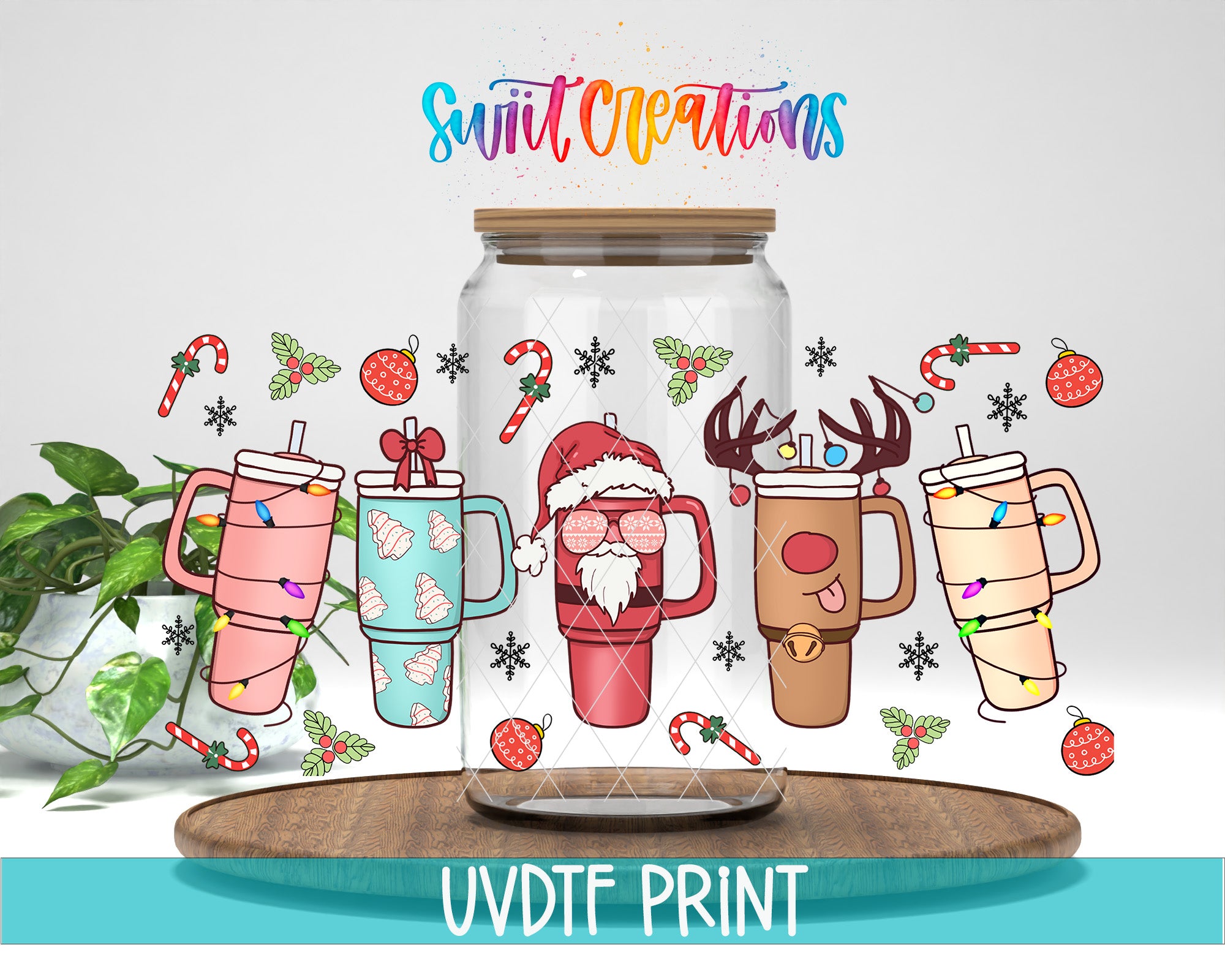 A glass jar filled with colorful illustrations of Santa Claus, reindeer, and Christmas decorations, along with a text that reads "Swift Creations" and "UVDF PRINT".