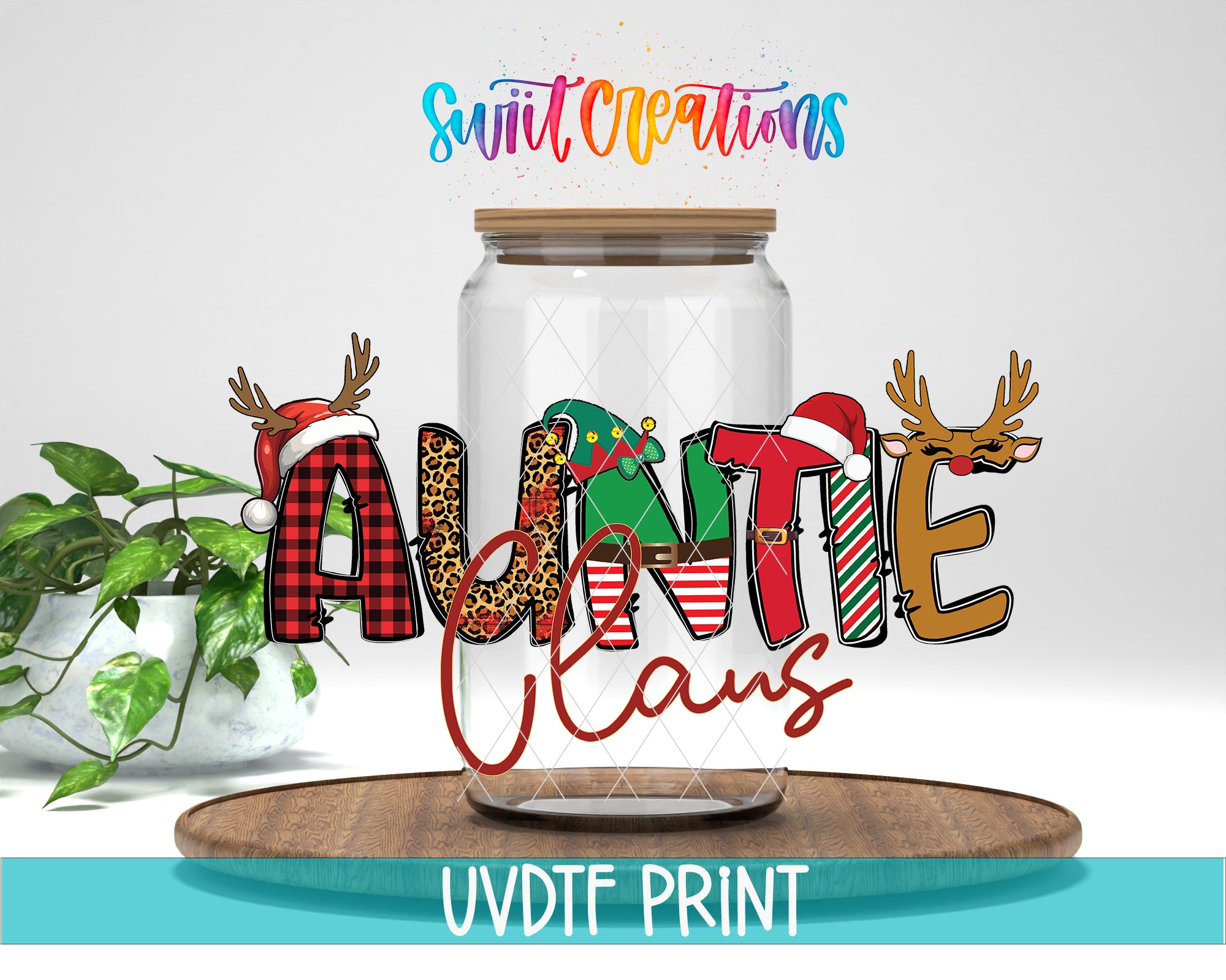 a glass jar with the word "Auntie Clans" written on it, surrounded by various holiday-themed decorations such as reindeer, snowmen, and Christmas trees.