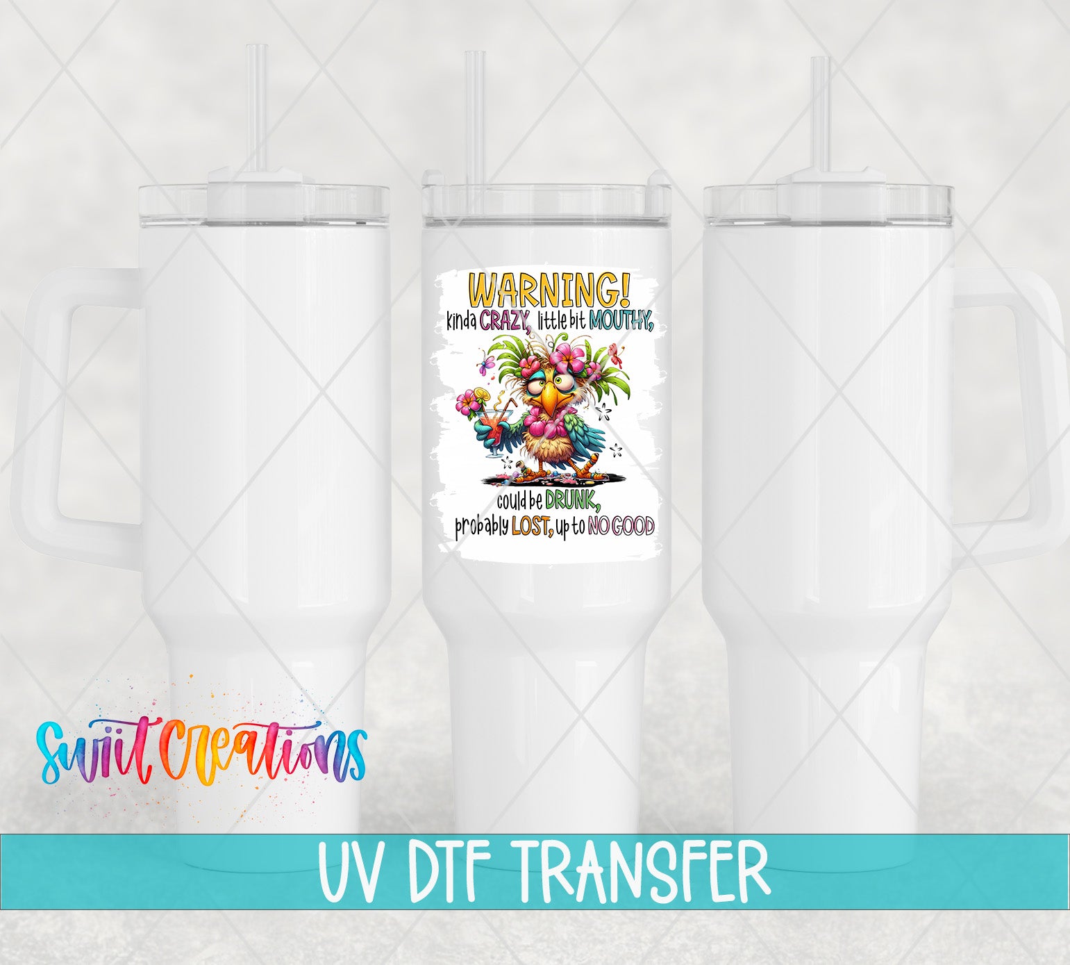 The image is a promotional image for a UV DFT (Volumetric Data Transfer) transfer service, featuring a colorful design on a white cup or mug.
