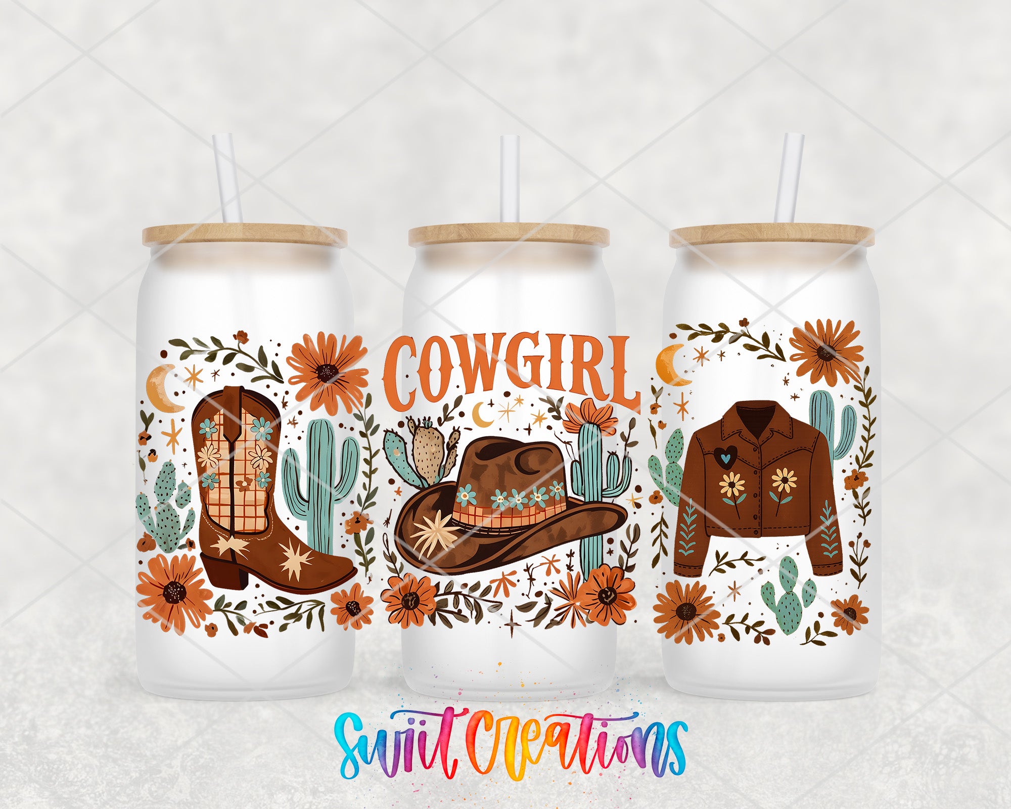 three white tumblers with various cowboy-themed illustrations and text.