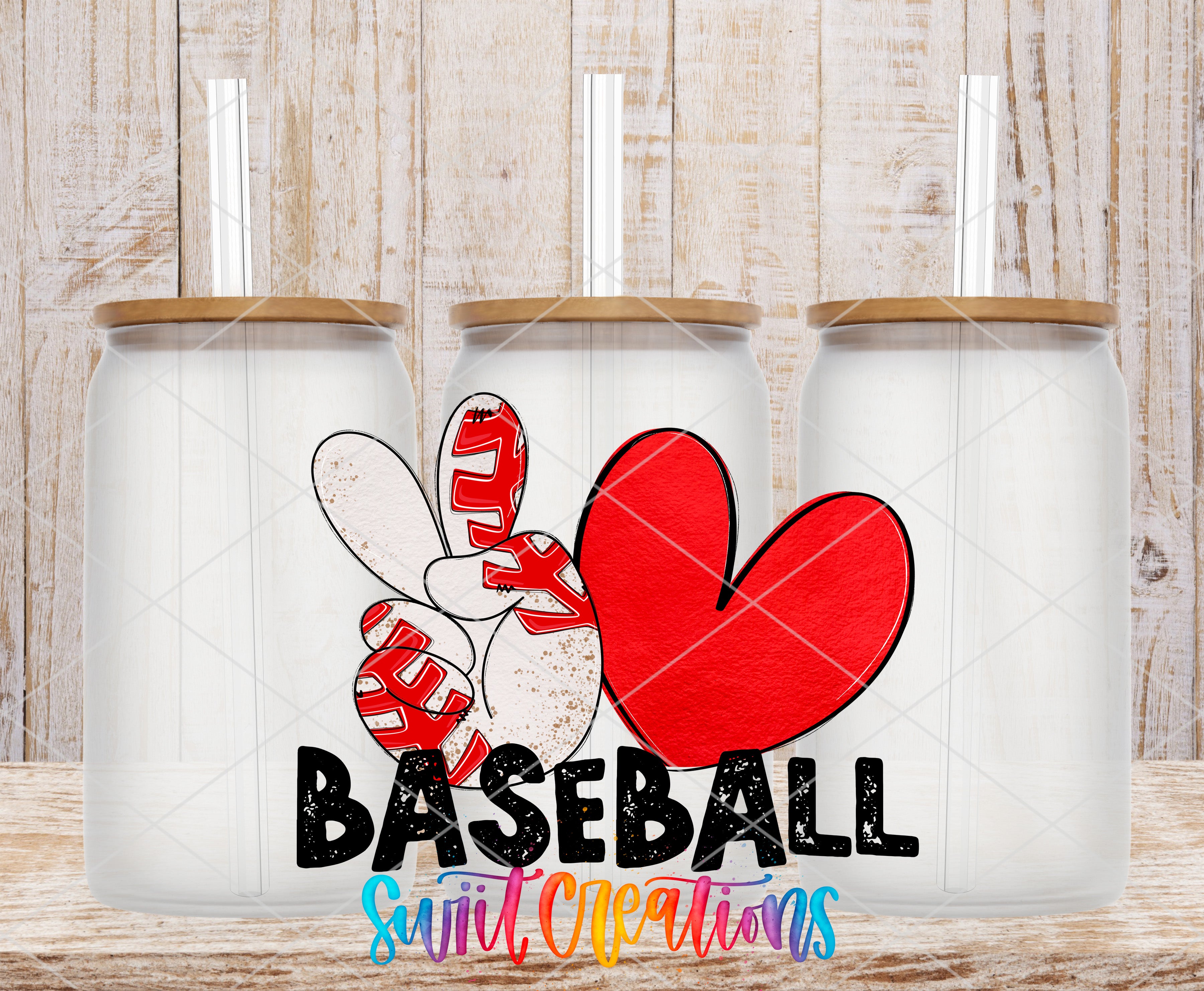 three glass jars with a peace sign and a red heart, along with the text "BASEBALL" and "Swift Cleanings" written on them.