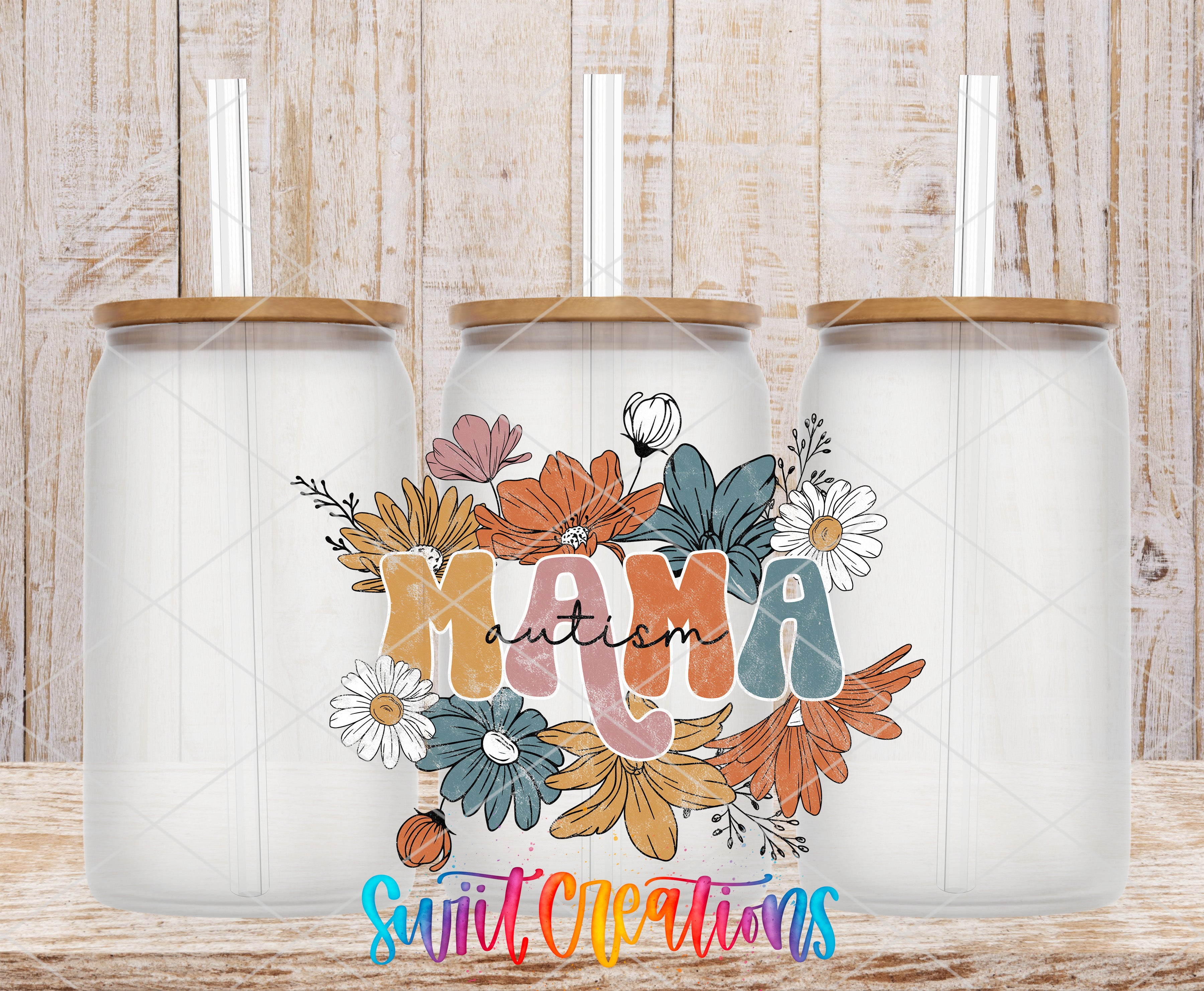 three glass jars with flower designs and the word "Mama" written on them.