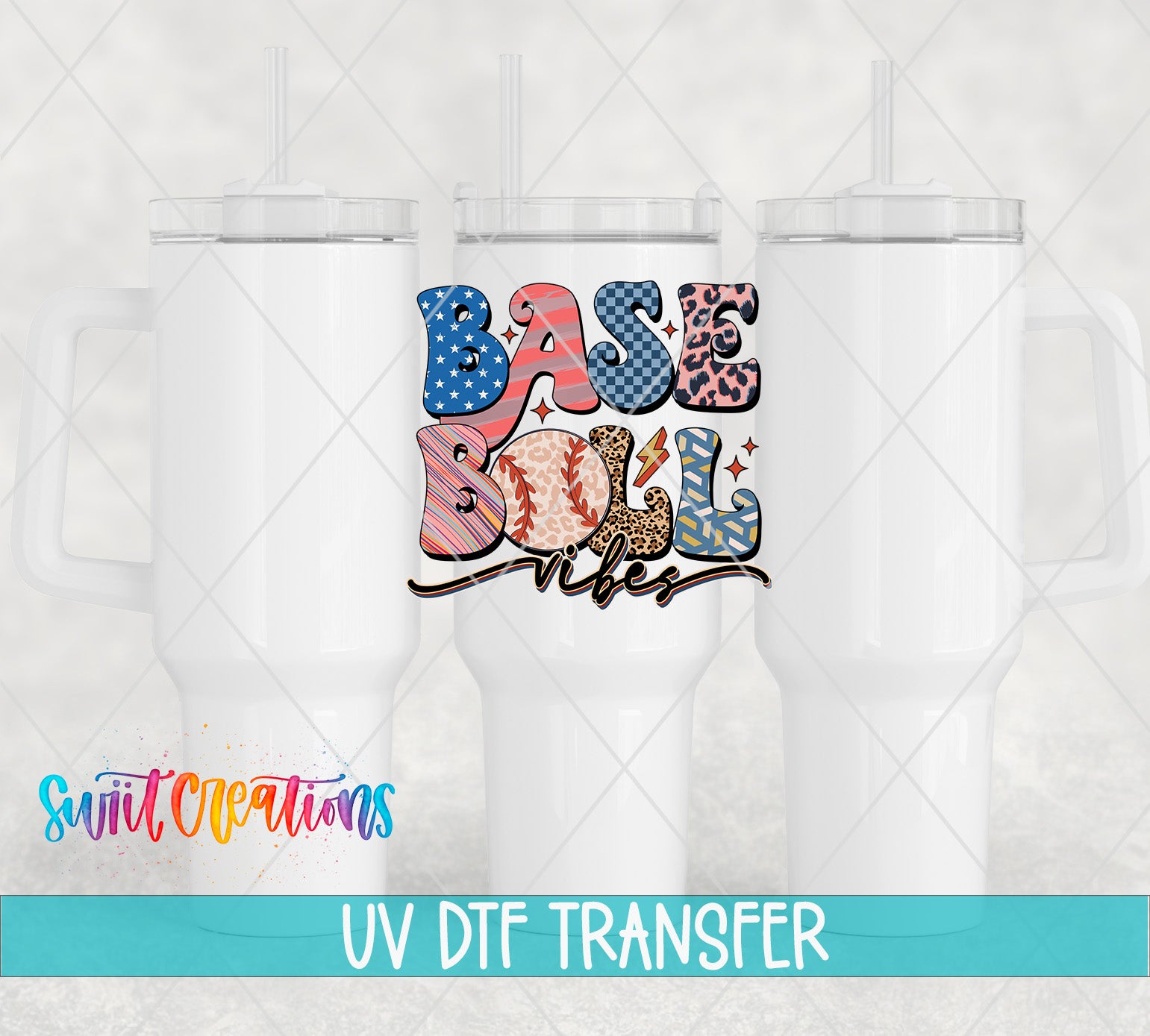 three white tumblers with a colorful design on them, including the text "BASE BALL VIBES" and the text "Switc Productions UV Dtf Transfer".