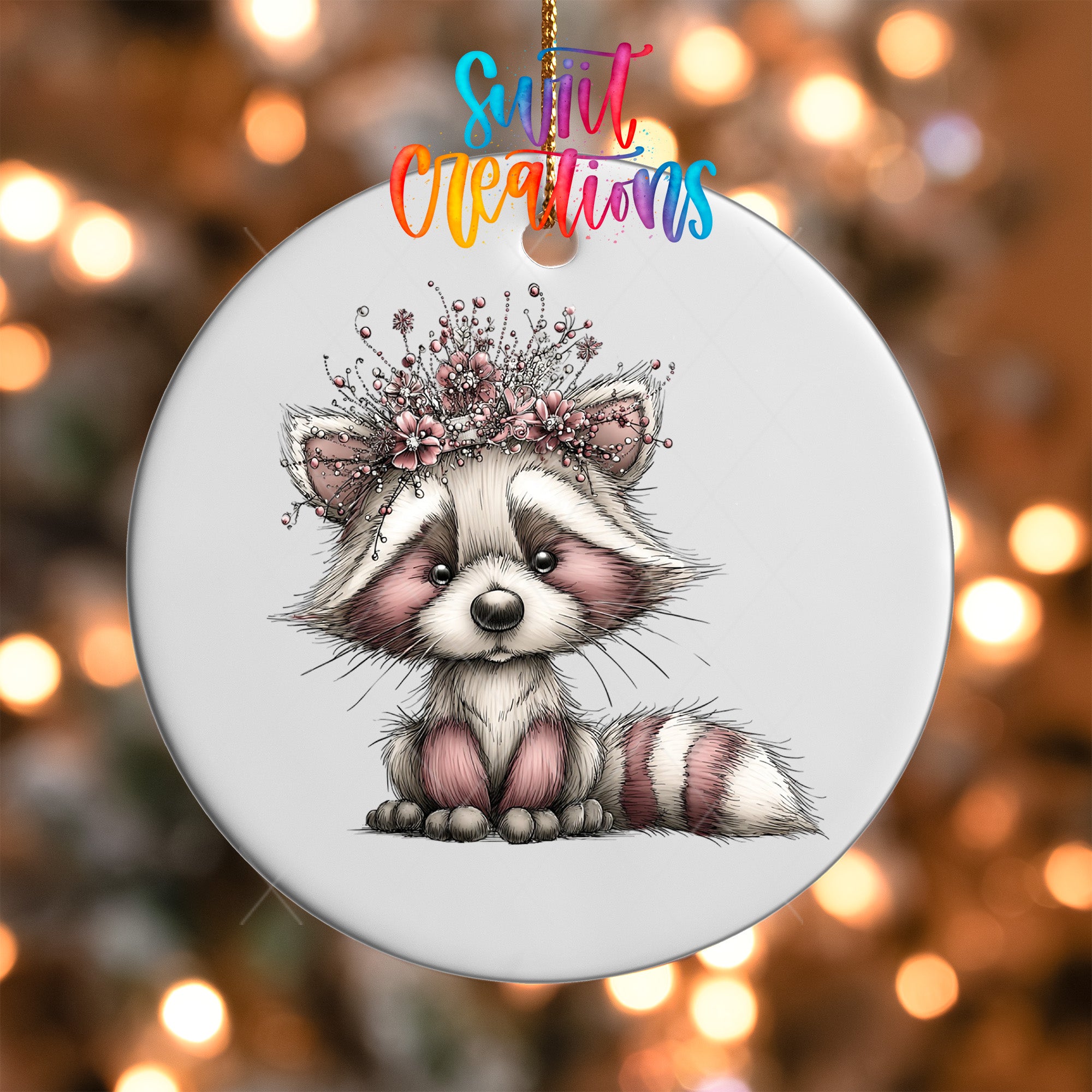A ceramic ornament featuring a cute raccoon wearing a flower crown.