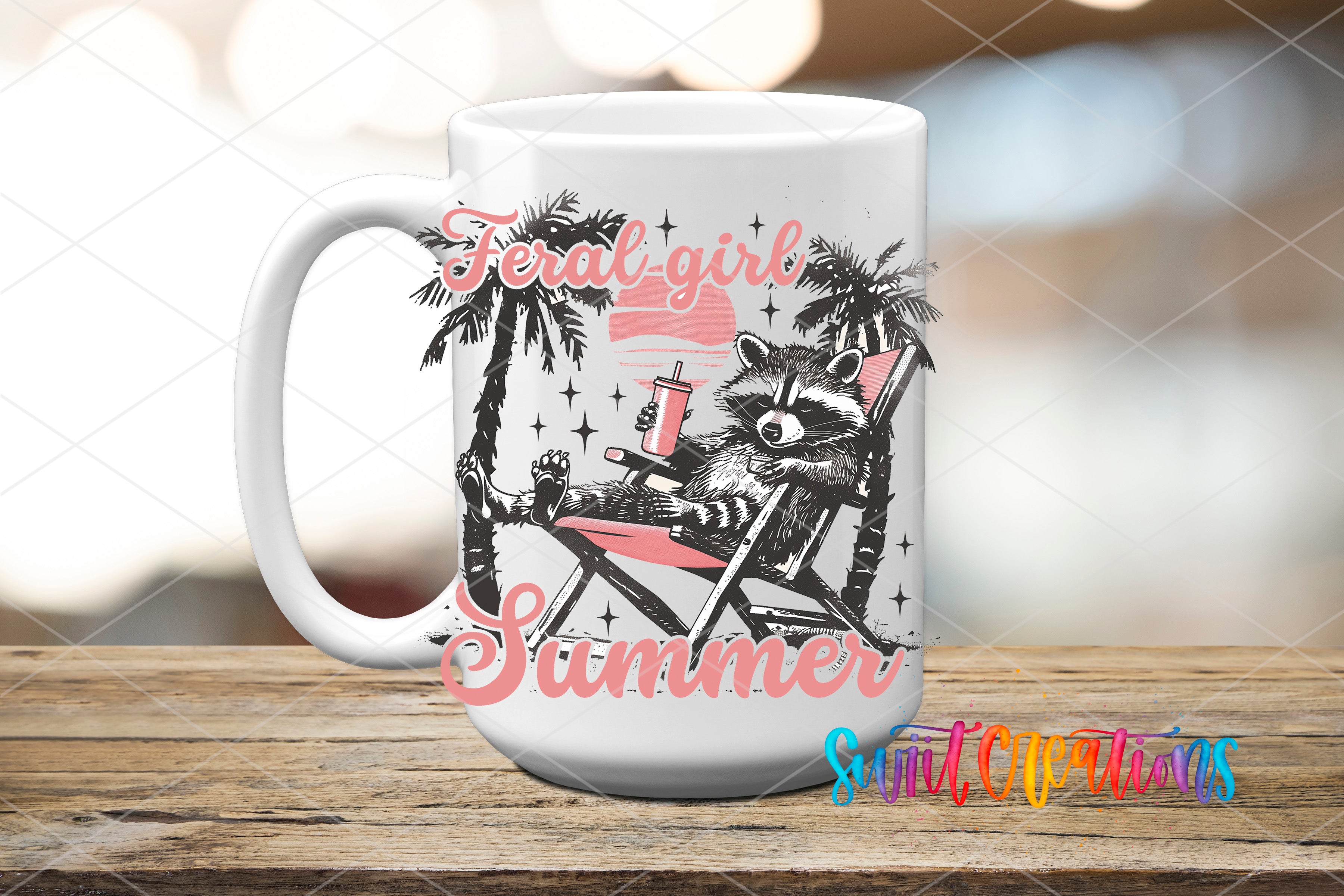 A white mug with a graphic design featuring a raccoon sitting in a beach chair, holding a drink, and surrounded by palm trees and stars.