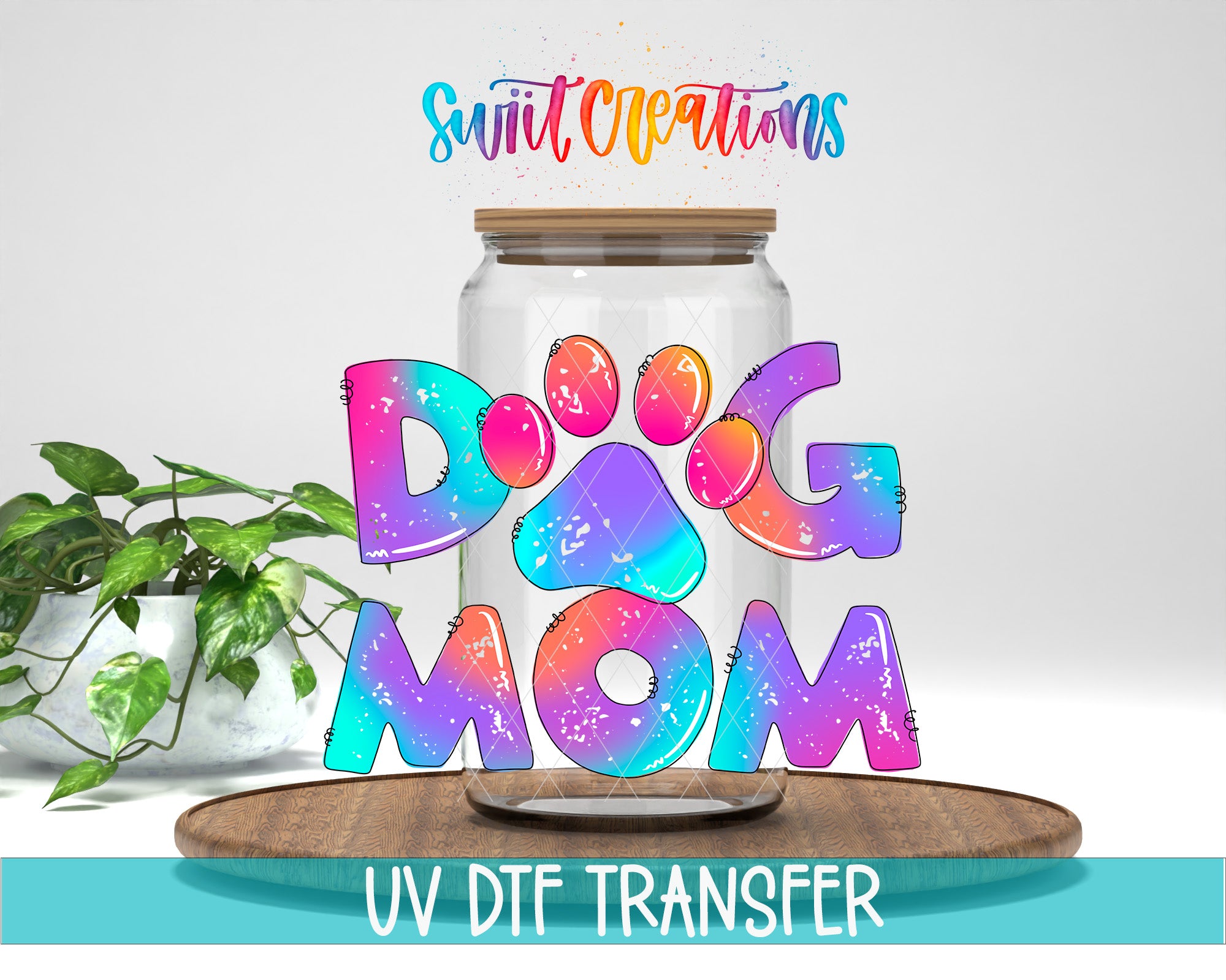a glass jar with the word "DOG MOM" written on it, along with colorful paw prints and a plant in the background.
