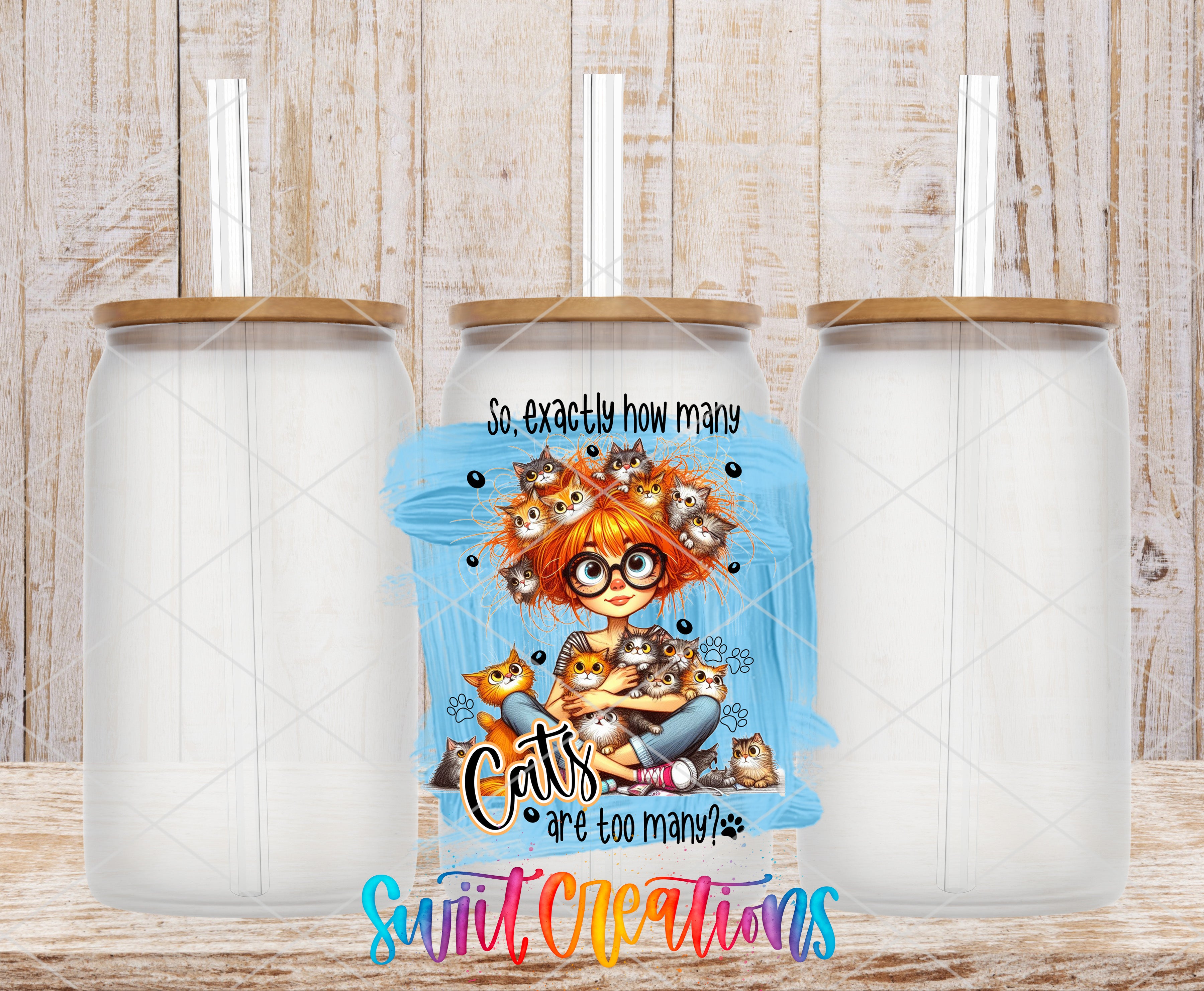 a collage of three glass jars with straws, each containing a cat illustration. The text on the jars reads "So exactly how many cats are too many" and "Suite Creations".