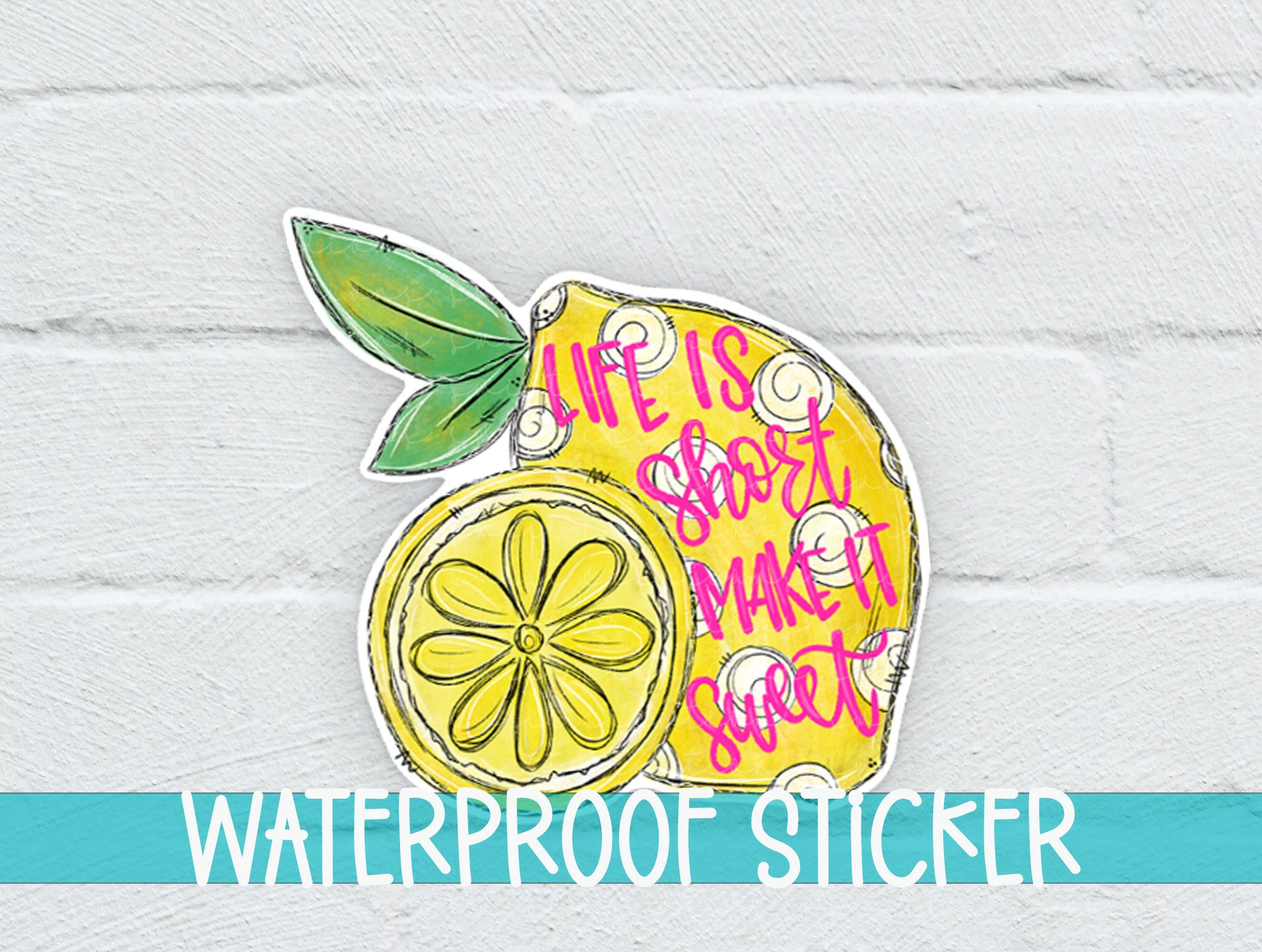 a picture of a sticker of a lemon on a white brick wall