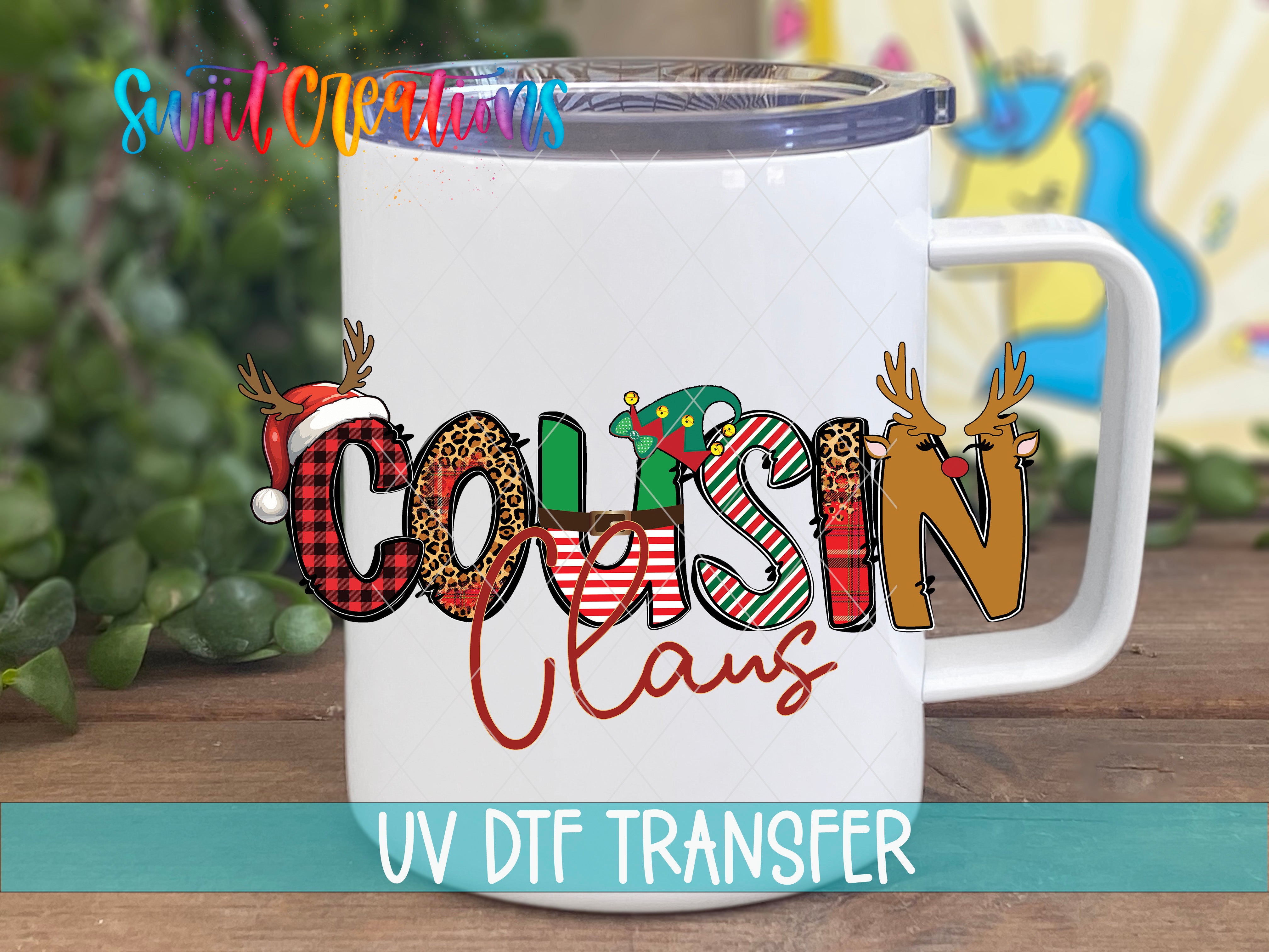 A white mug with a colorful design featuring the word "Cousin" in a stylized font.