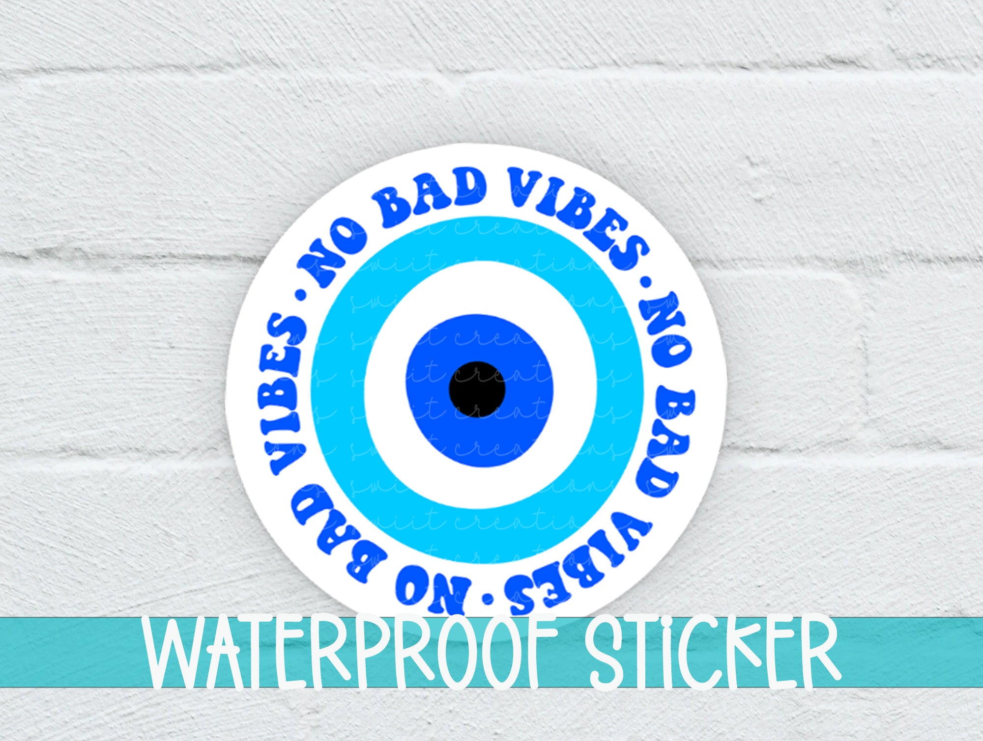 a blue and white sticker with the words waterproof sticker on it