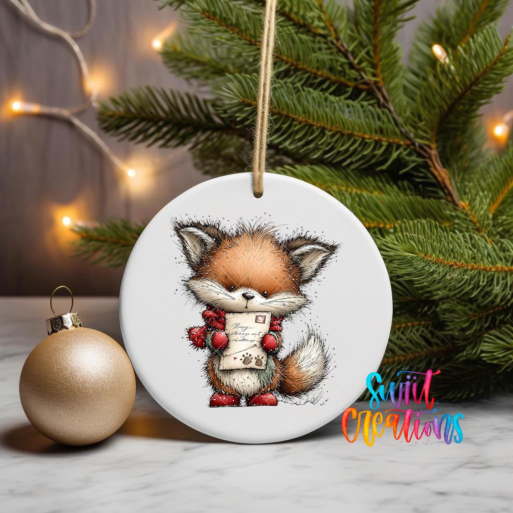 A white ceramic ornament featuring a cartoon fox holding a letter, placed on a marble surface next to a gold ornament and a Christmas tree with twinkling lights.