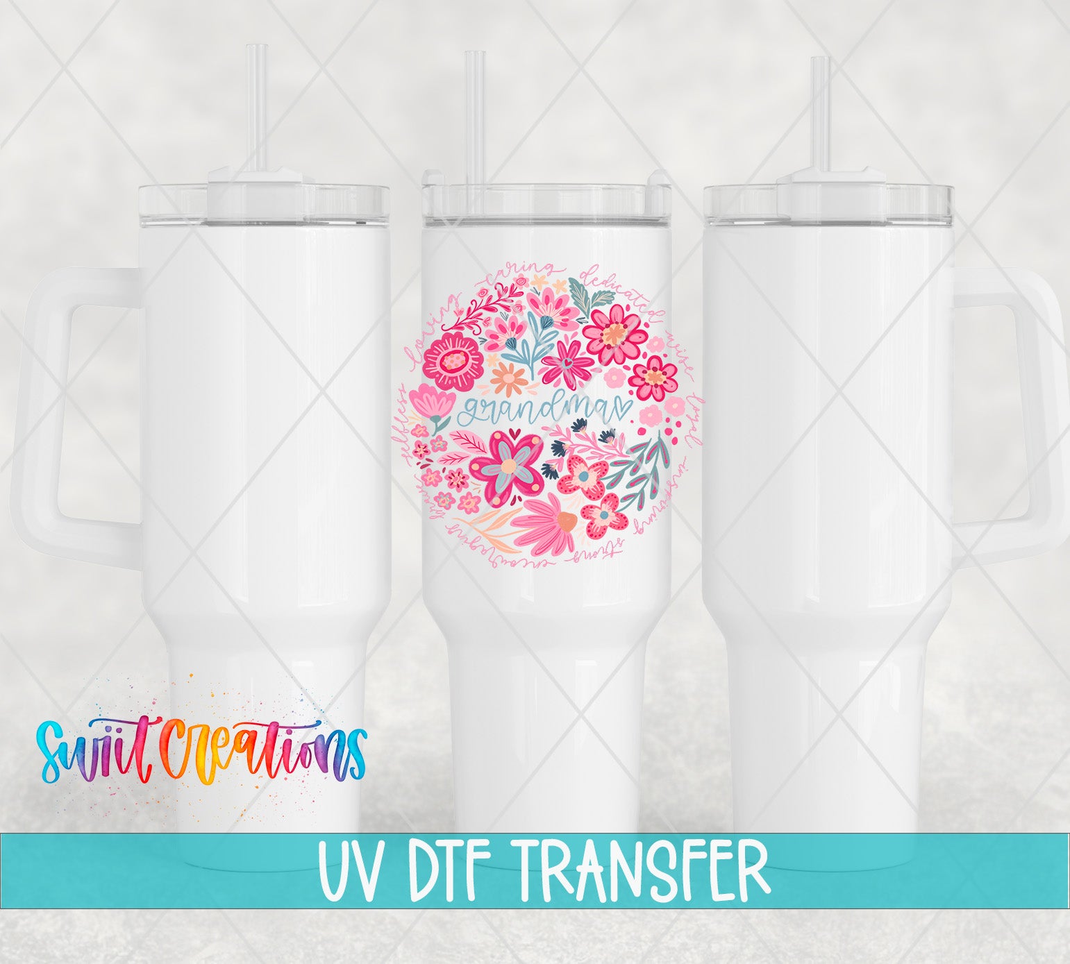 three white tumblers with a floral design on the center, and the text "UV Dtf Transfer" is displayed below them.