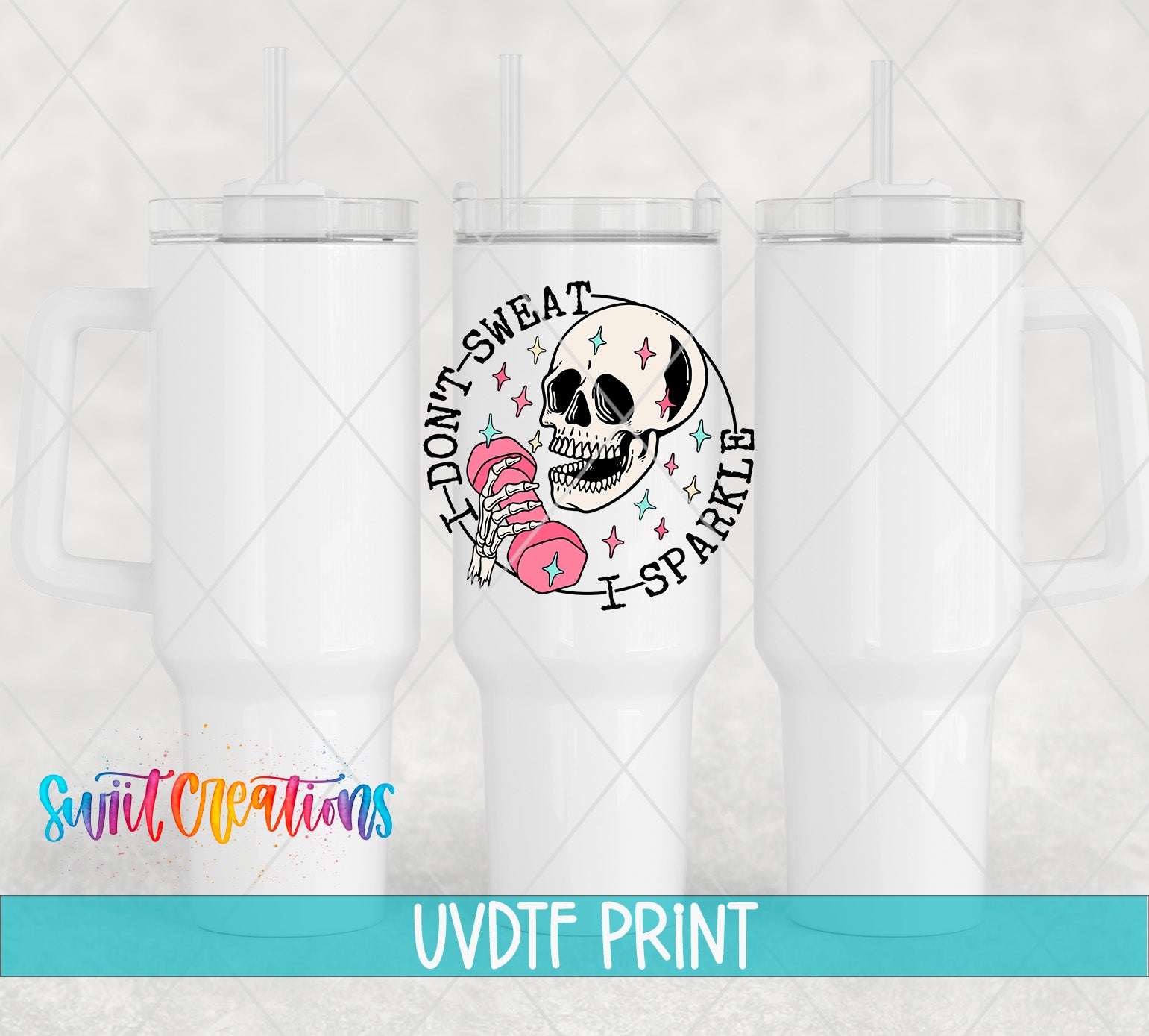 a white ceramic mug with a skull design and text printed on it.