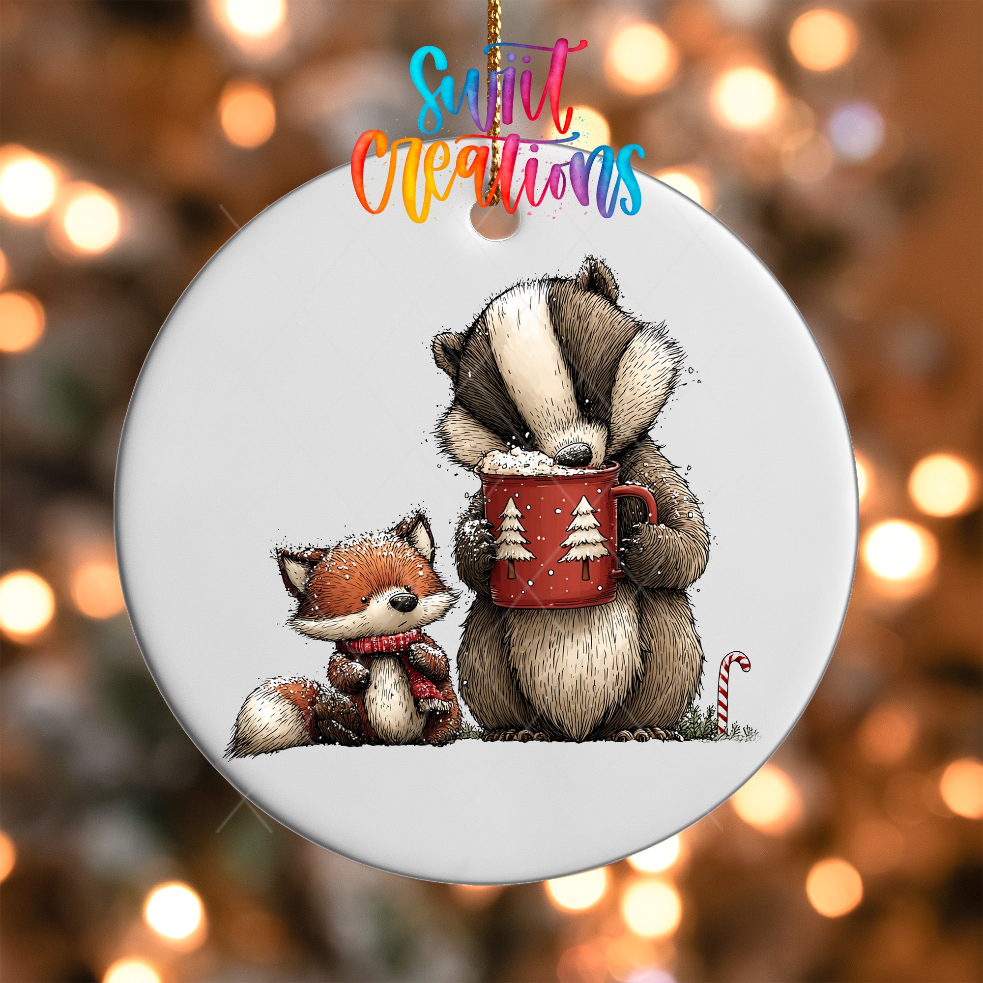 A ceramic ornament featuring a cartoon illustration of a badger and a fox, with the badger holding a mug of hot chocolate.