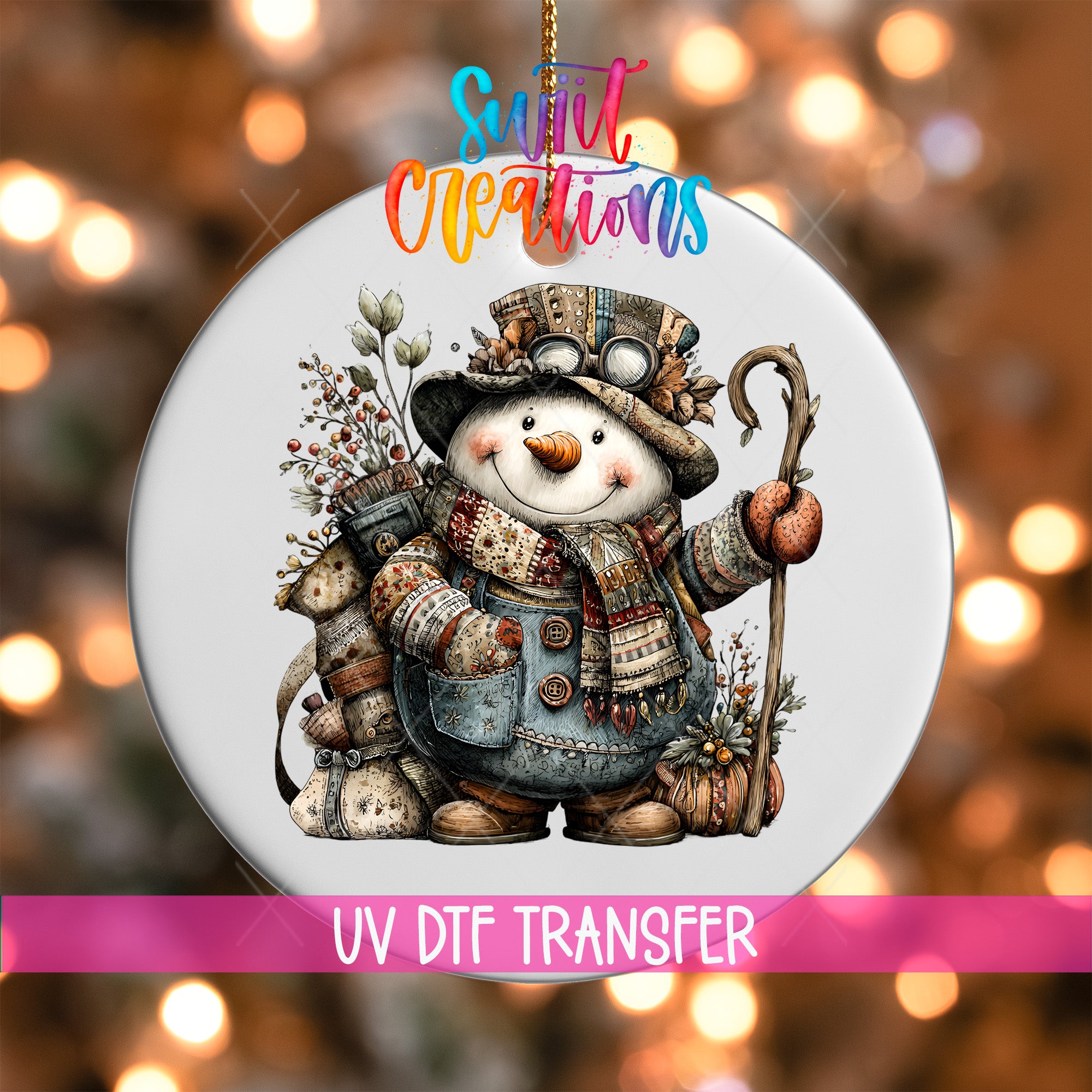 A snowman ornament with a scarf, hat, and carrot, surrounded by various holiday decorations, is displayed against a blurred background with colorful lights.