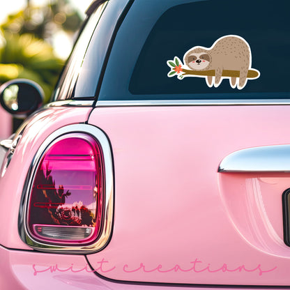 a pink car with a sticker of a slotty on it