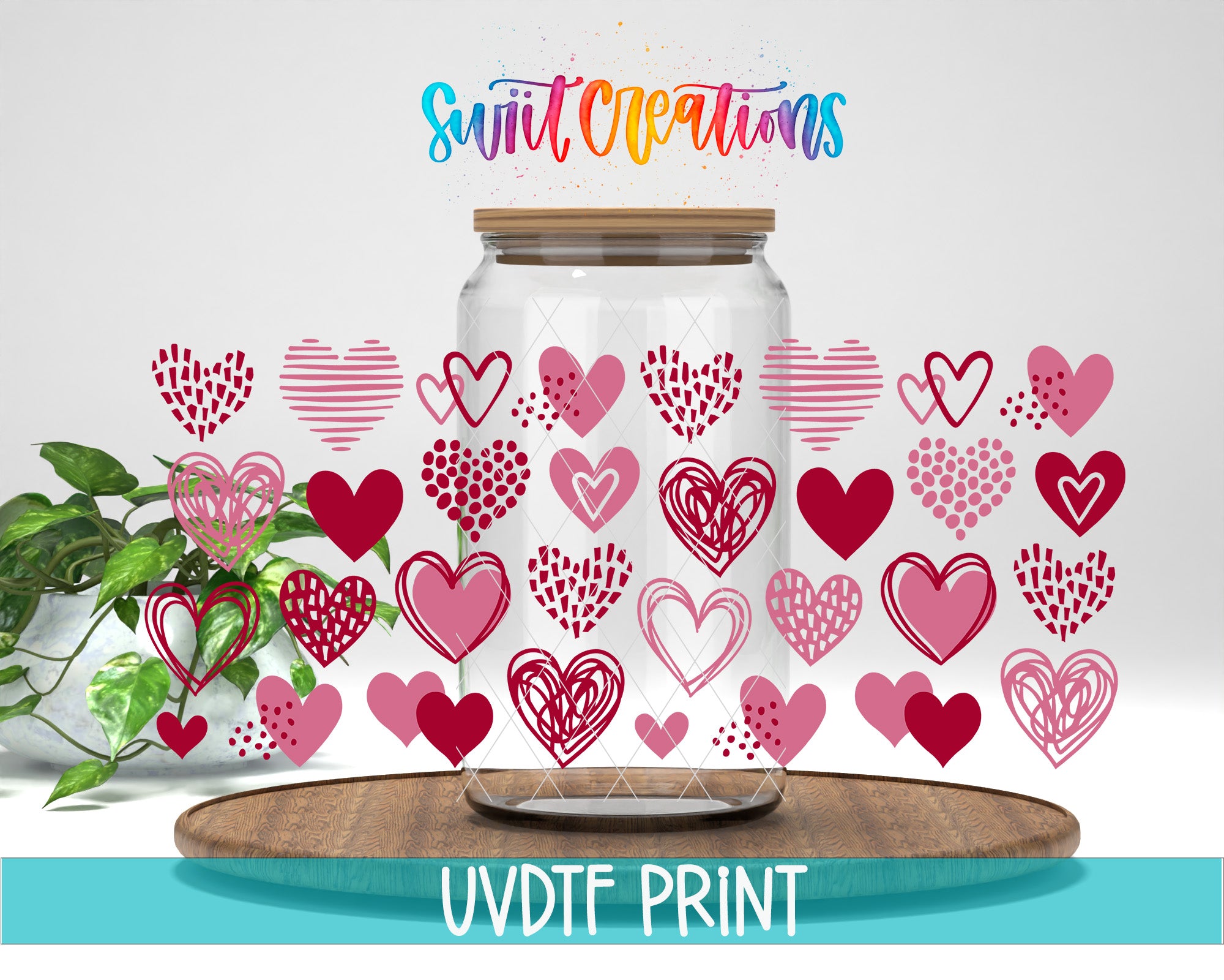 a clear glass jar with a wooden lid, surrounded by a variety of heart-shaped designs in pink, red, and white. The text "Swift Creations" is written above the jar, and "UVDF PRINT" is written below it.
