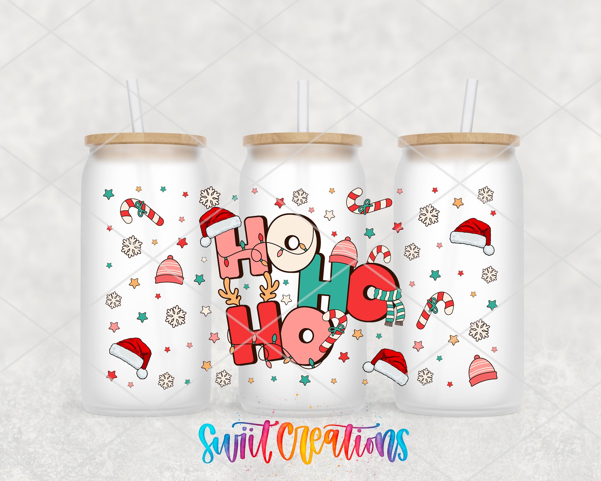 A collection of three white tumblers with a festive holiday-themed design on them. The design includes the text "HOOKY HOOK" and various Christmas-themed elements such as snowflakes, candy canes, and Santa hats.