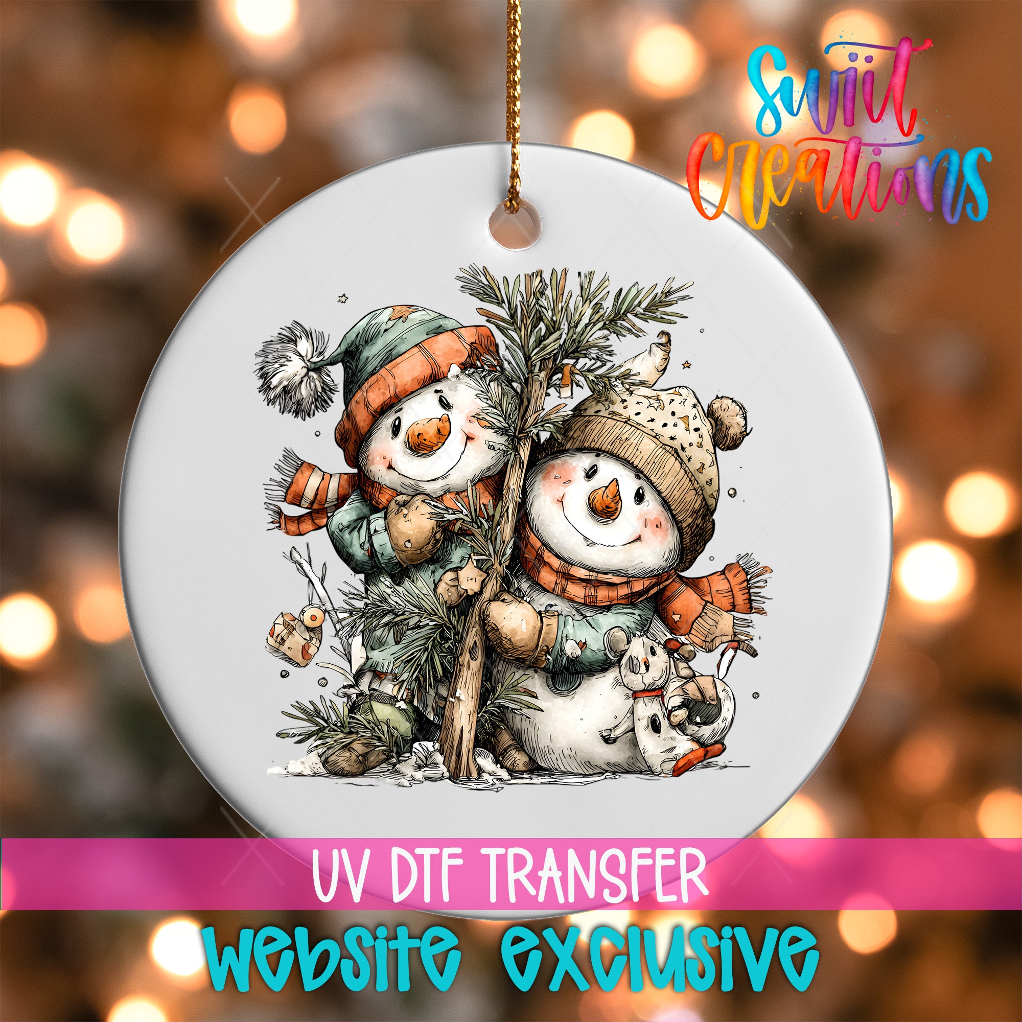 A white ceramic ornament featuring two cheerful snowmen, one wearing a green hat and the other a red hat, surrounded by pine branches and other winter-themed elements.