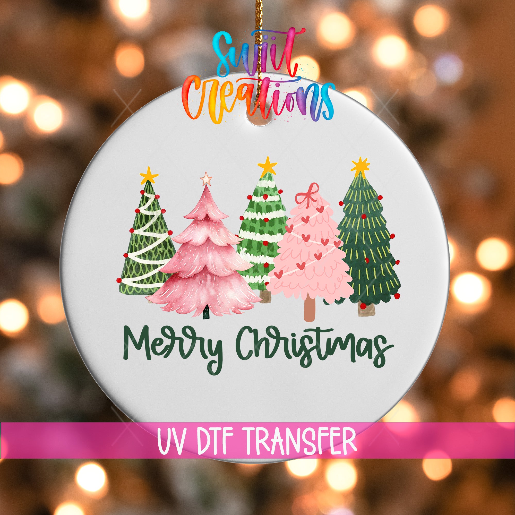 A white Christmas ornament with a festive design of four different colored Christmas trees, along with the text "Merry Christmas" and "UV Dtf Transfer".