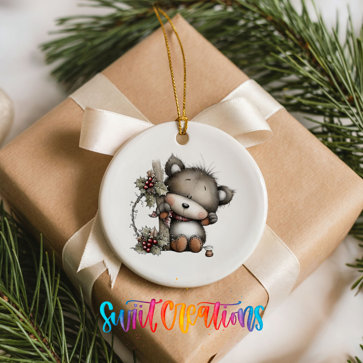 Cute Christmas cow with wreath ceramic ornament - image 9