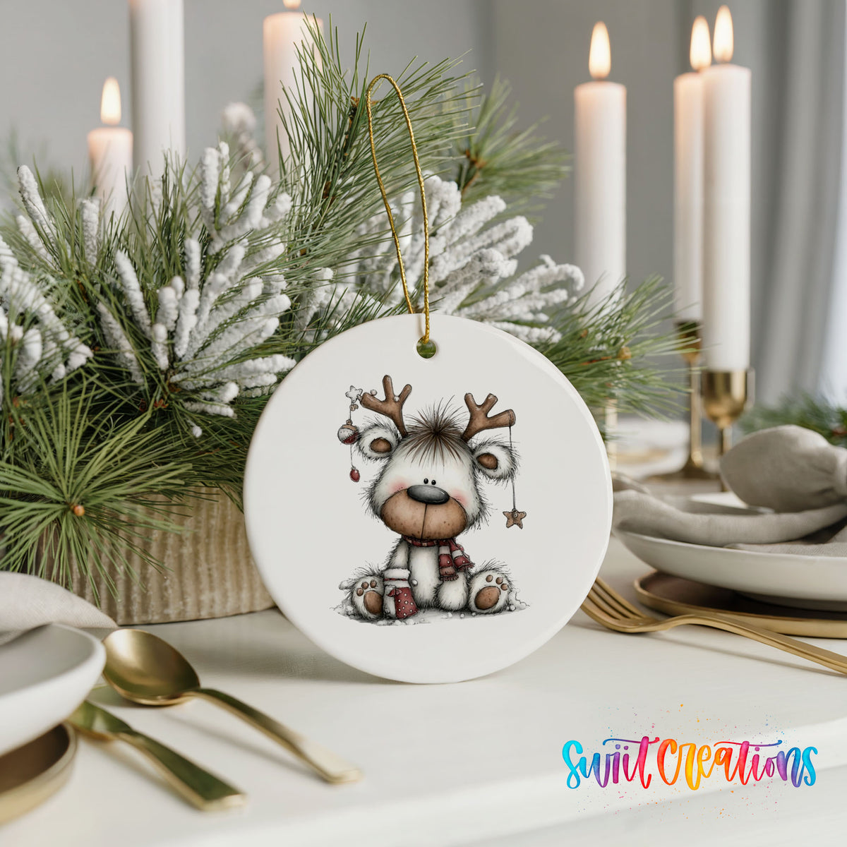 Cute reindeer whimsical ceramic Christmas ornament - image 6