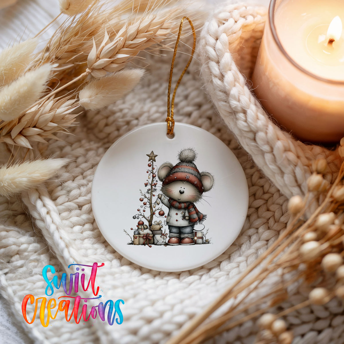 Christmas gnome with tree and presents ceramic ornament - image 4