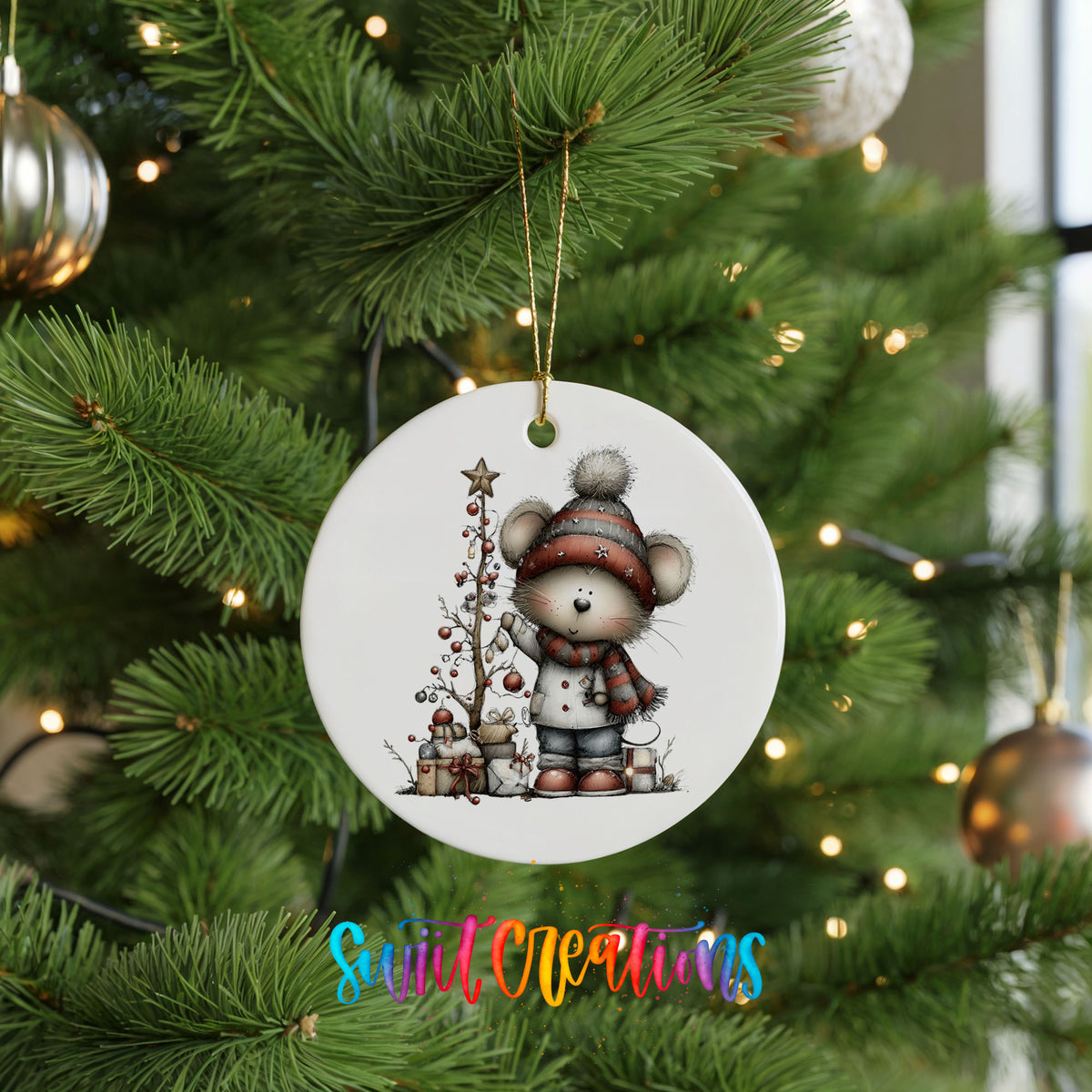 Christmas gnome with tree and presents ceramic ornament - image 7