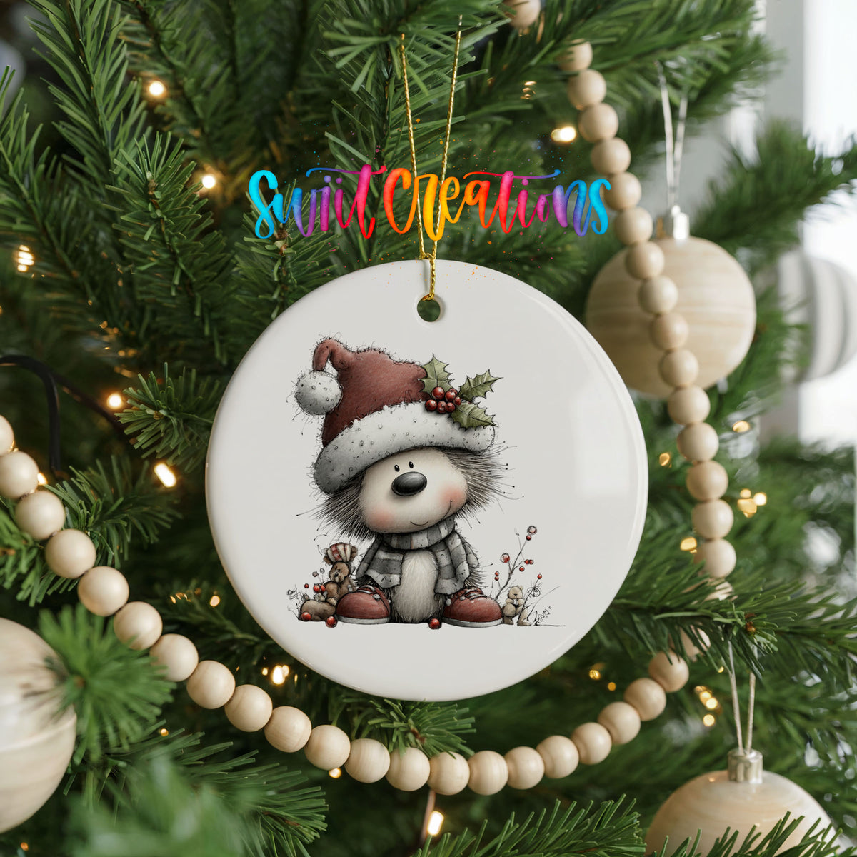 Cute panda in Santa hat ceramic Christmas ornament - image 2