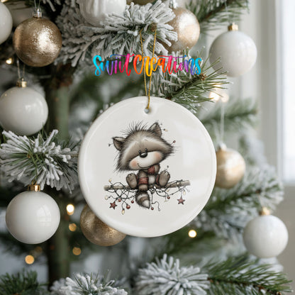 Cute raccoon with Christmas lights ceramic ornament - image 9
