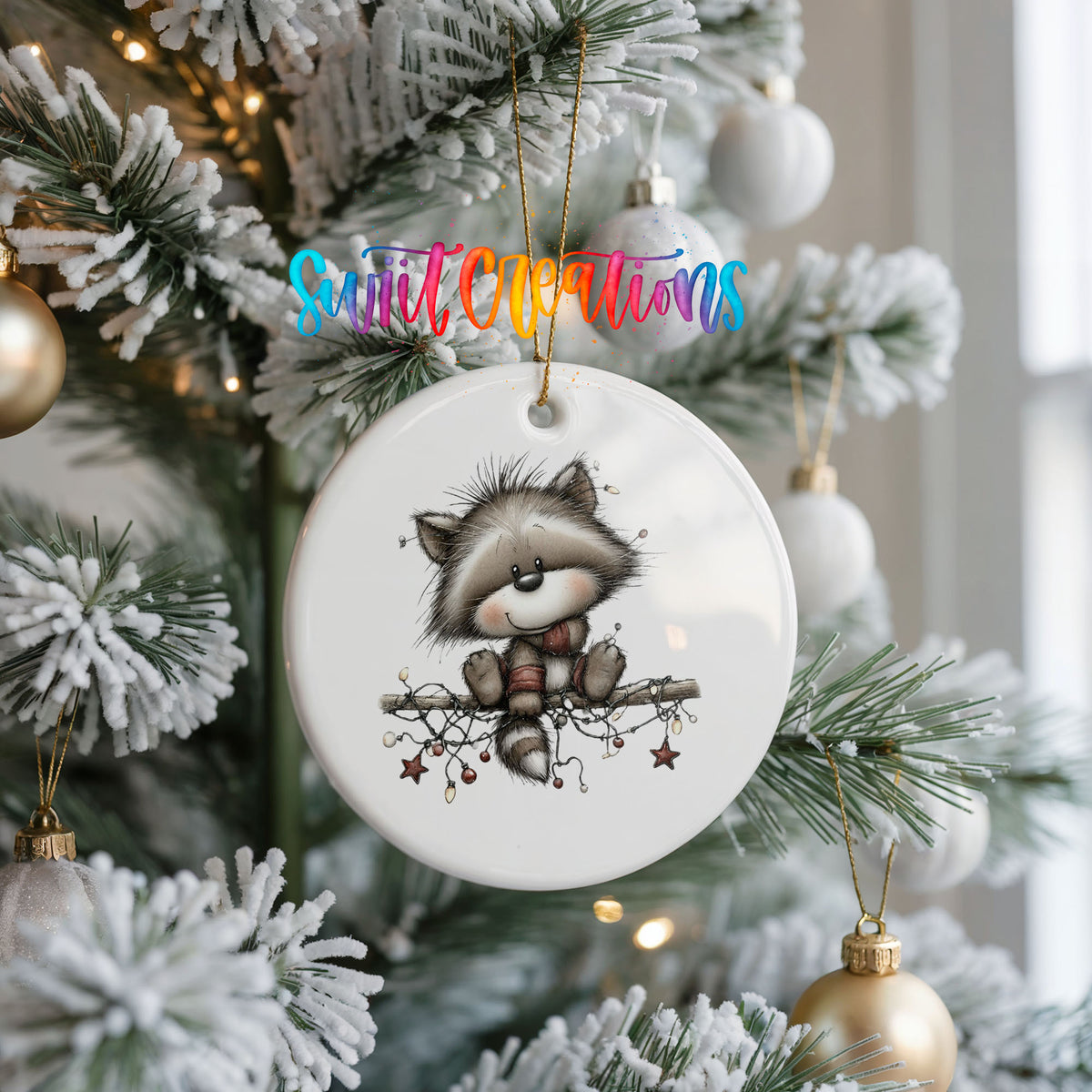 Cute raccoon with Christmas lights ceramic ornament - image 2