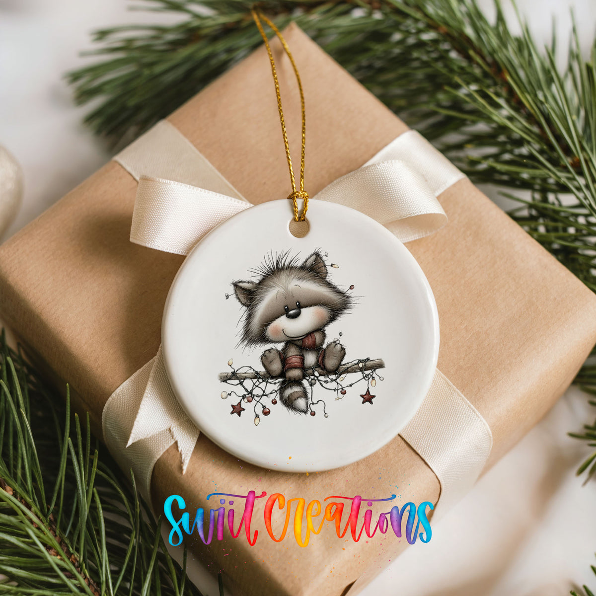 Cute raccoon with Christmas lights ceramic ornament - image 8