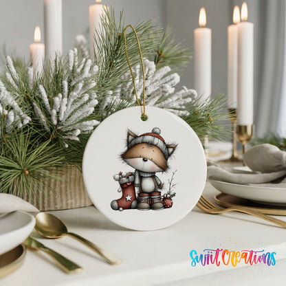 whimsical Christmas cat ceramic Christmas ornament shown in a holiday table setting