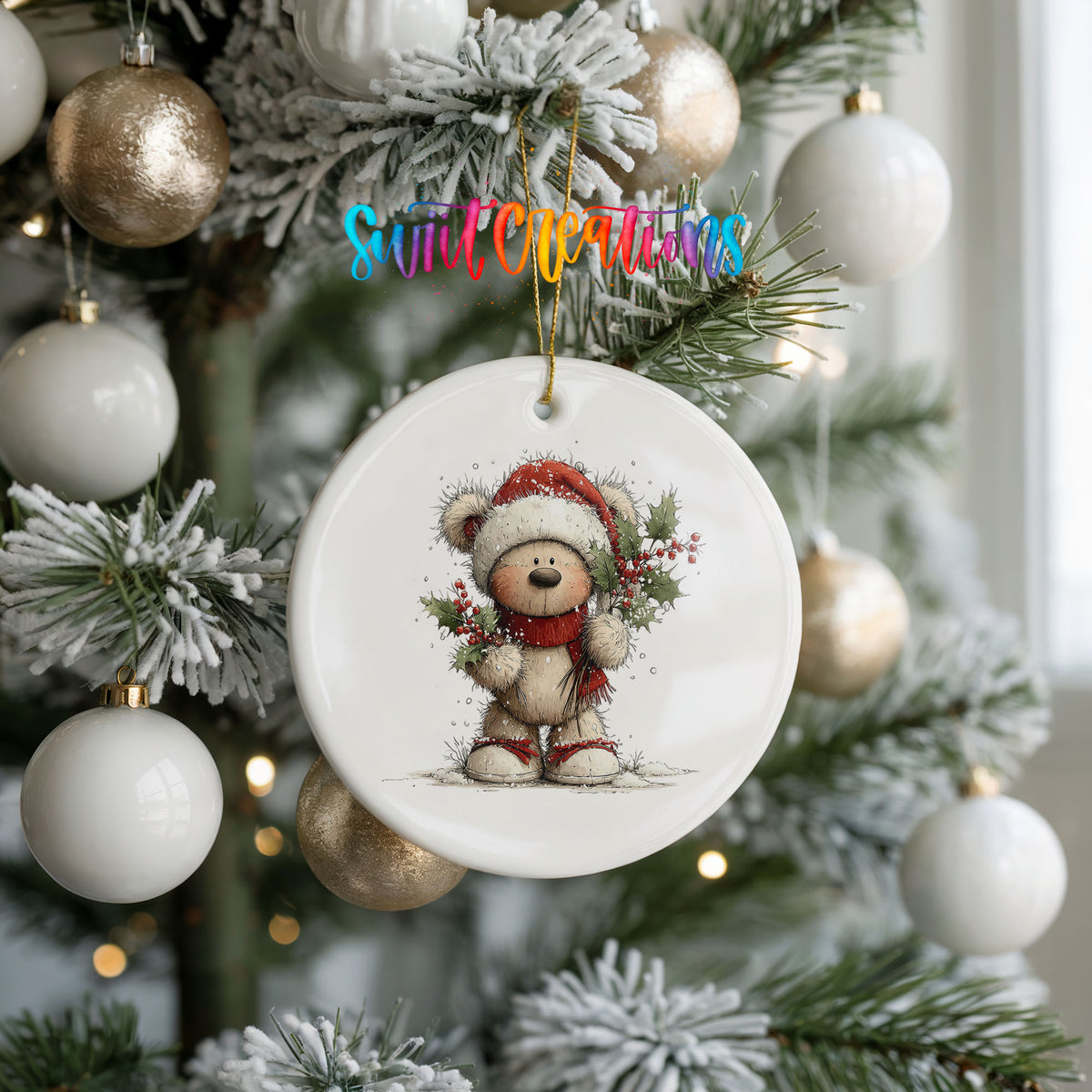 teddy bear framed by a Christmas wreath ceramic Christmas ornament hanging on a frosted tree with ornaments