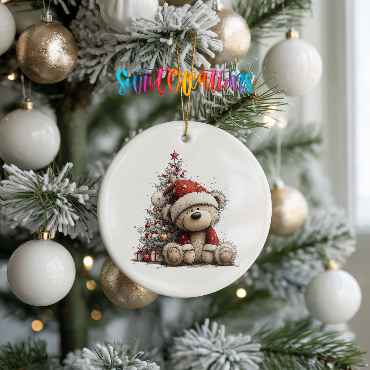teddy bear sitting beside a decorated Christmas tree ceramic Christmas ornament hanging on a frosted tree with ornaments