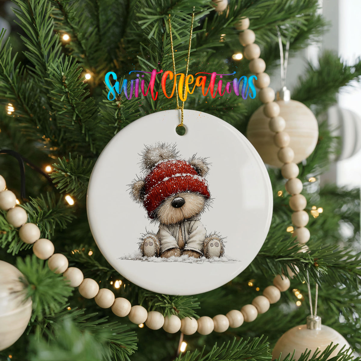 teddy bear in a red winter hat ceramic Christmas ornament hanging on a green Christmas tree
