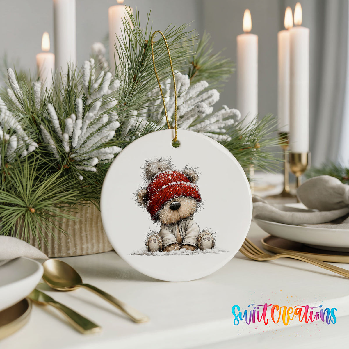 teddy bear in a red winter hat ceramic Christmas ornament shown in a holiday table setting