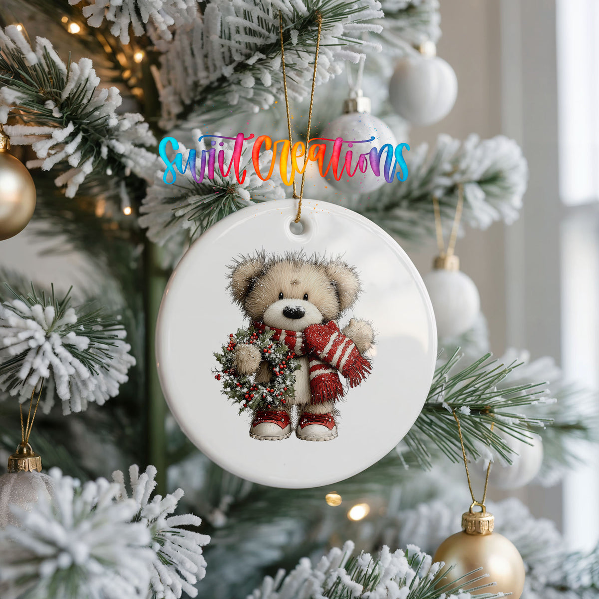 teddy bear with a red striped scarf and holly wreath ceramic Christmas ornament hanging on a frosted Christmas tree