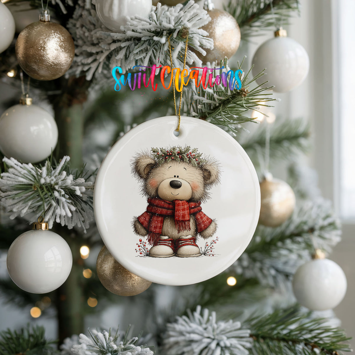 teddy bear in a red plaid scarf with holly ceramic Christmas ornament hanging on a frosted tree with ornaments