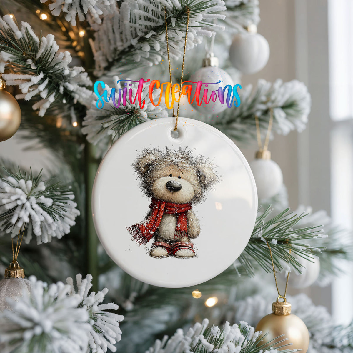 teddy bear in a red scarf standing in the snow ceramic Christmas ornament hanging on a frosted Christmas tree