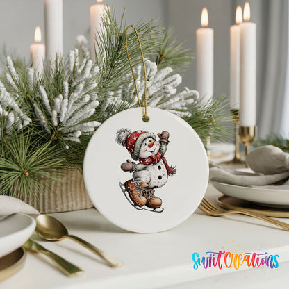 snowman ice skating in a red winter hat ceramic Christmas ornament shown in a holiday table setting