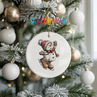 snowman ice skating in a red winter hat ceramic Christmas ornament hanging on a frosted tree with ornaments