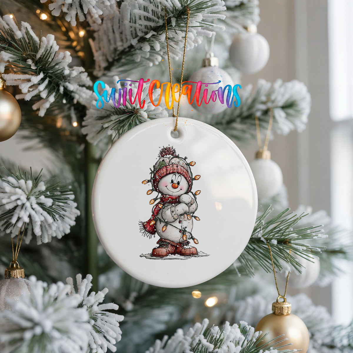 snowman in a red hat and striped scarf ceramic Christmas ornament hanging on a frosted Christmas tree